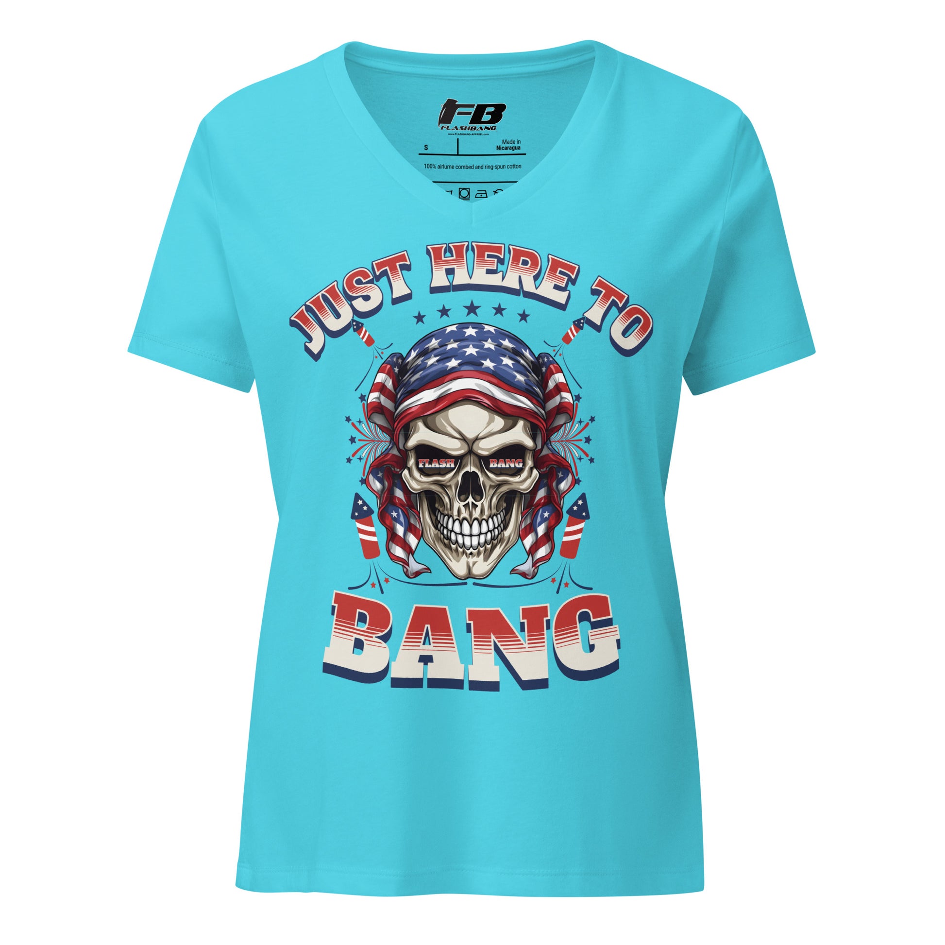 Blue t-shirt with skull and American flag design on a white background