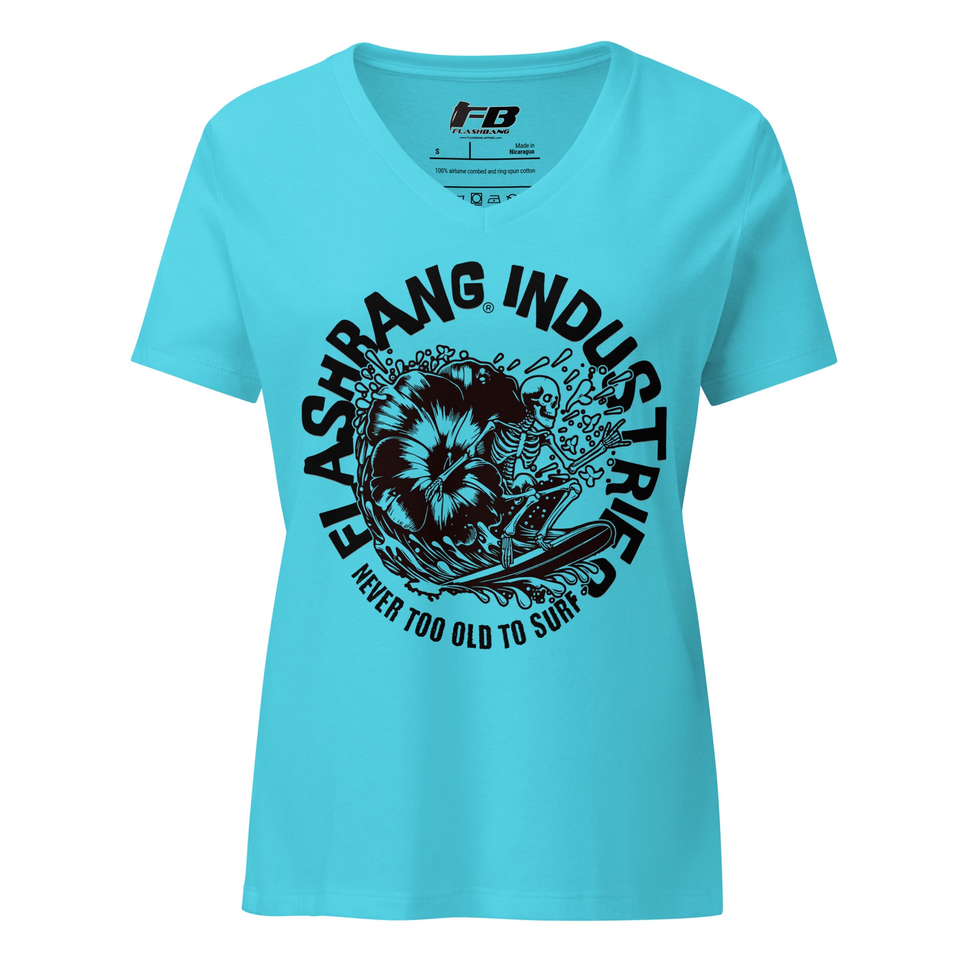 Light blue t-shirt with black graphic design and text on a white background