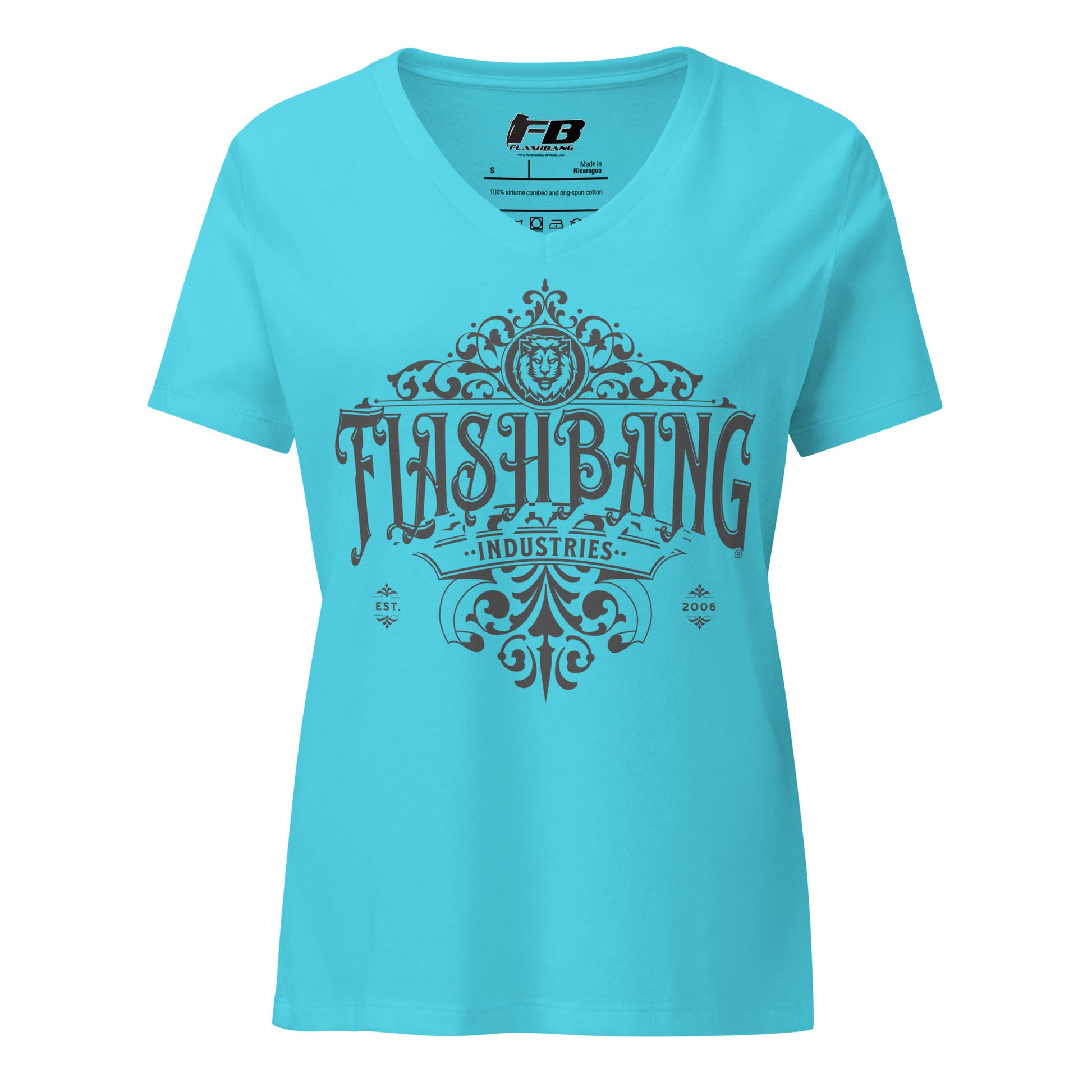 Turquoise t-shirt with 'Flashbang Industries' graphic design on a white background