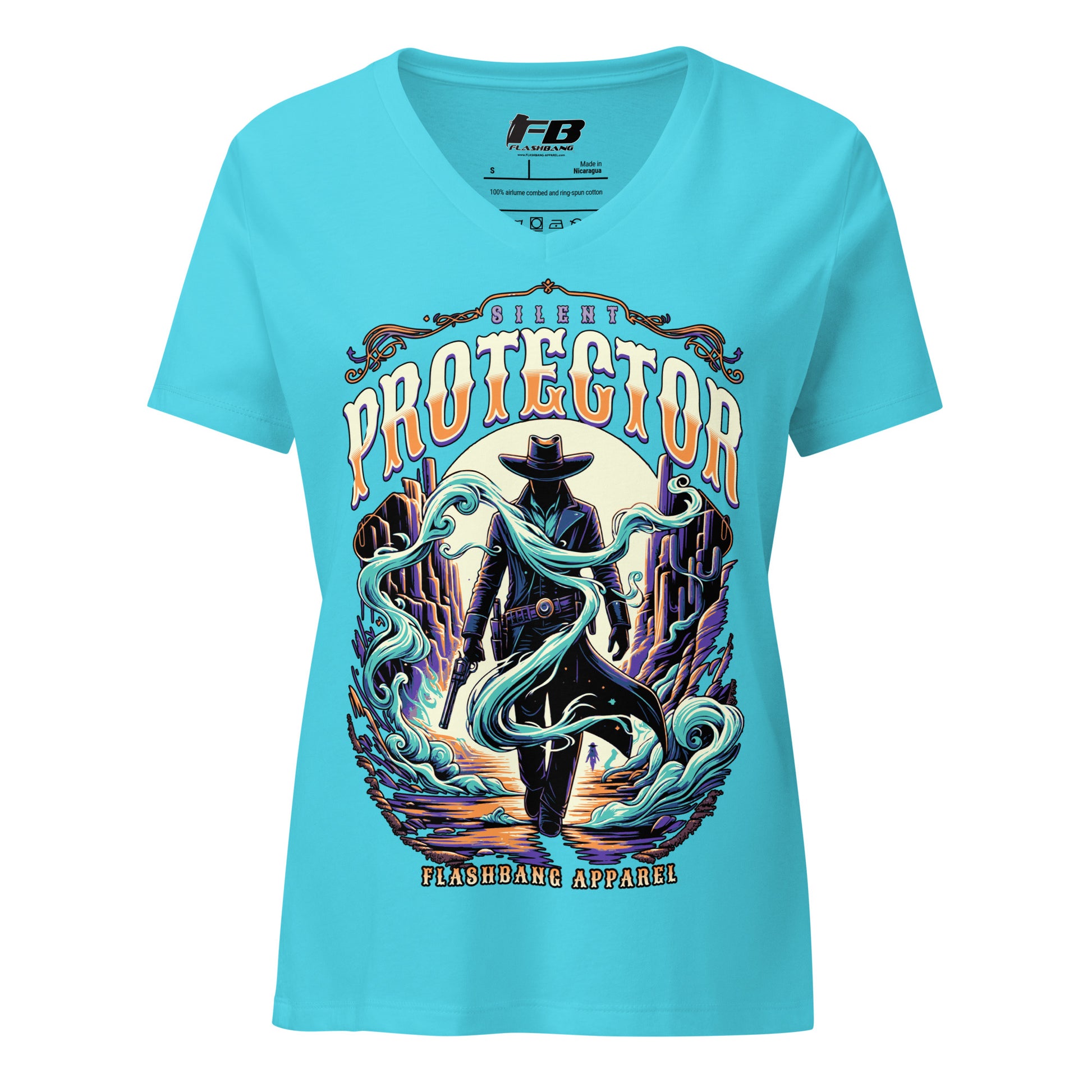 Blue t-shirt with a graphic design of a person in a hat and text 'Silent Protector' on a white background.