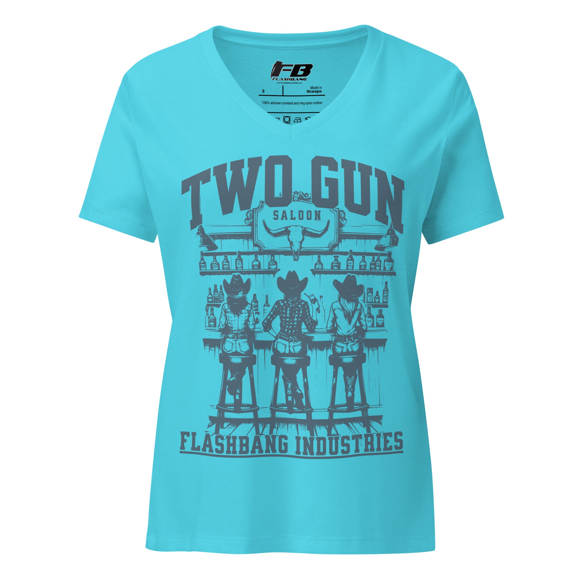 Blue t-shirt with graphic design and 'Two Gun Saloon' text on a white background