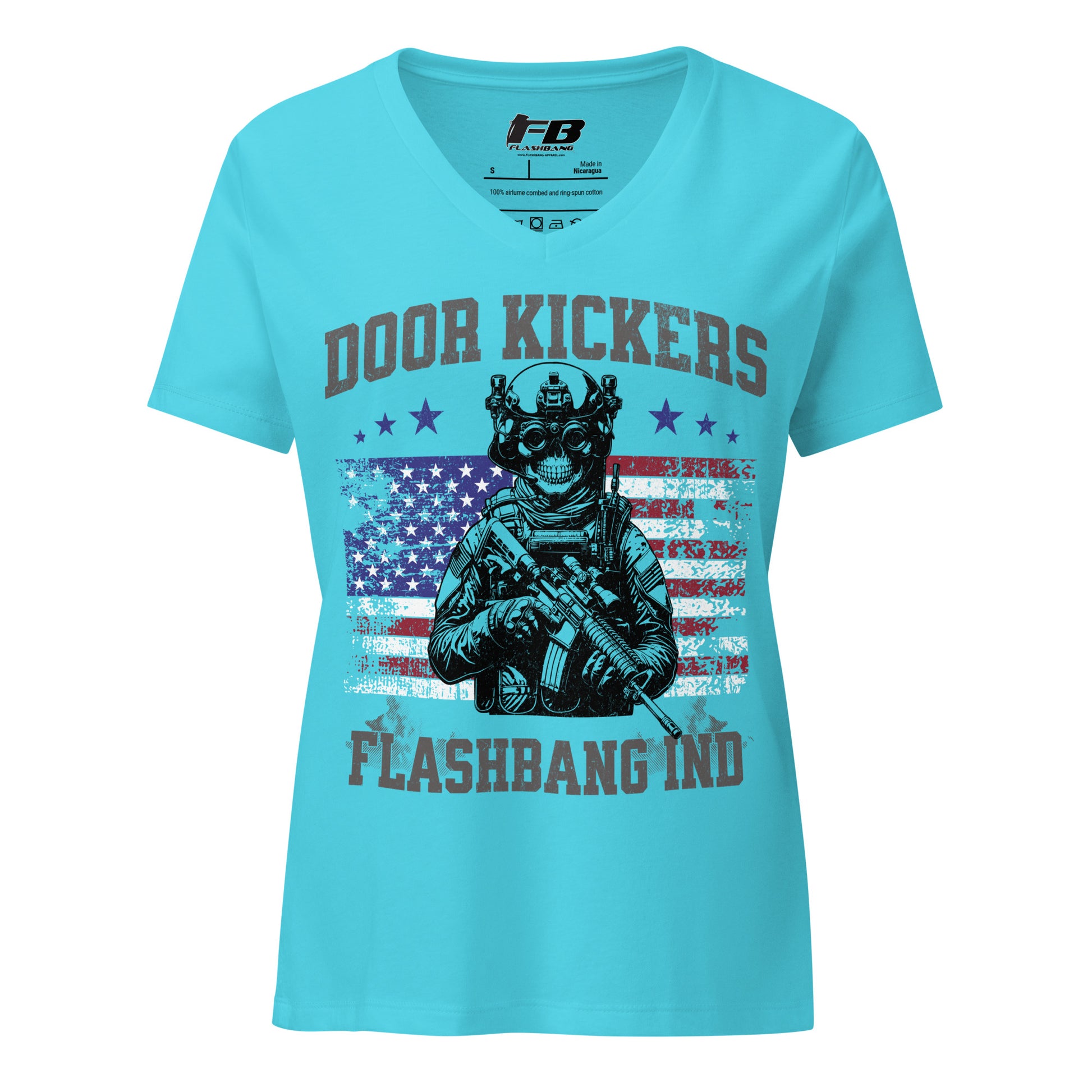 Light blue t-shirt with graphic design and text on a white background