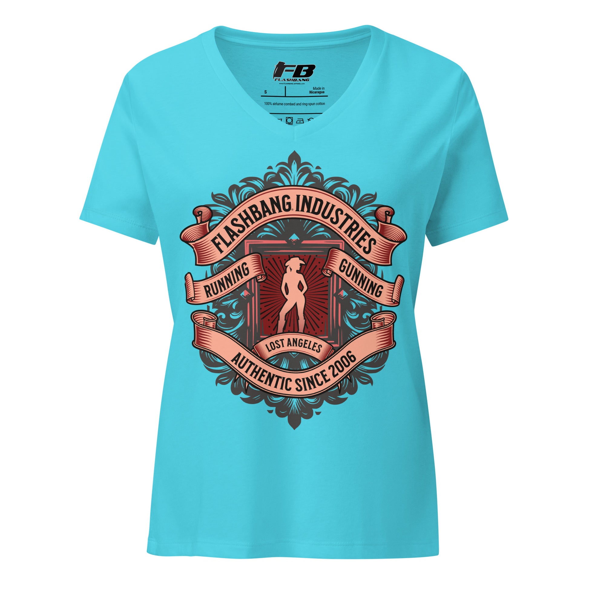 Blue t-shirt with graphic design and 'Flashbang Industries' text on a white background