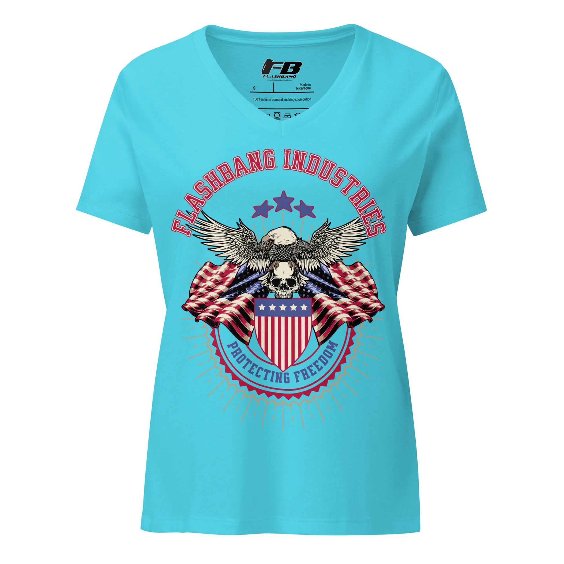 Blue t-shirt with 'Flashbang Industries' graphic design featuring an eagle and American flag on a white background.