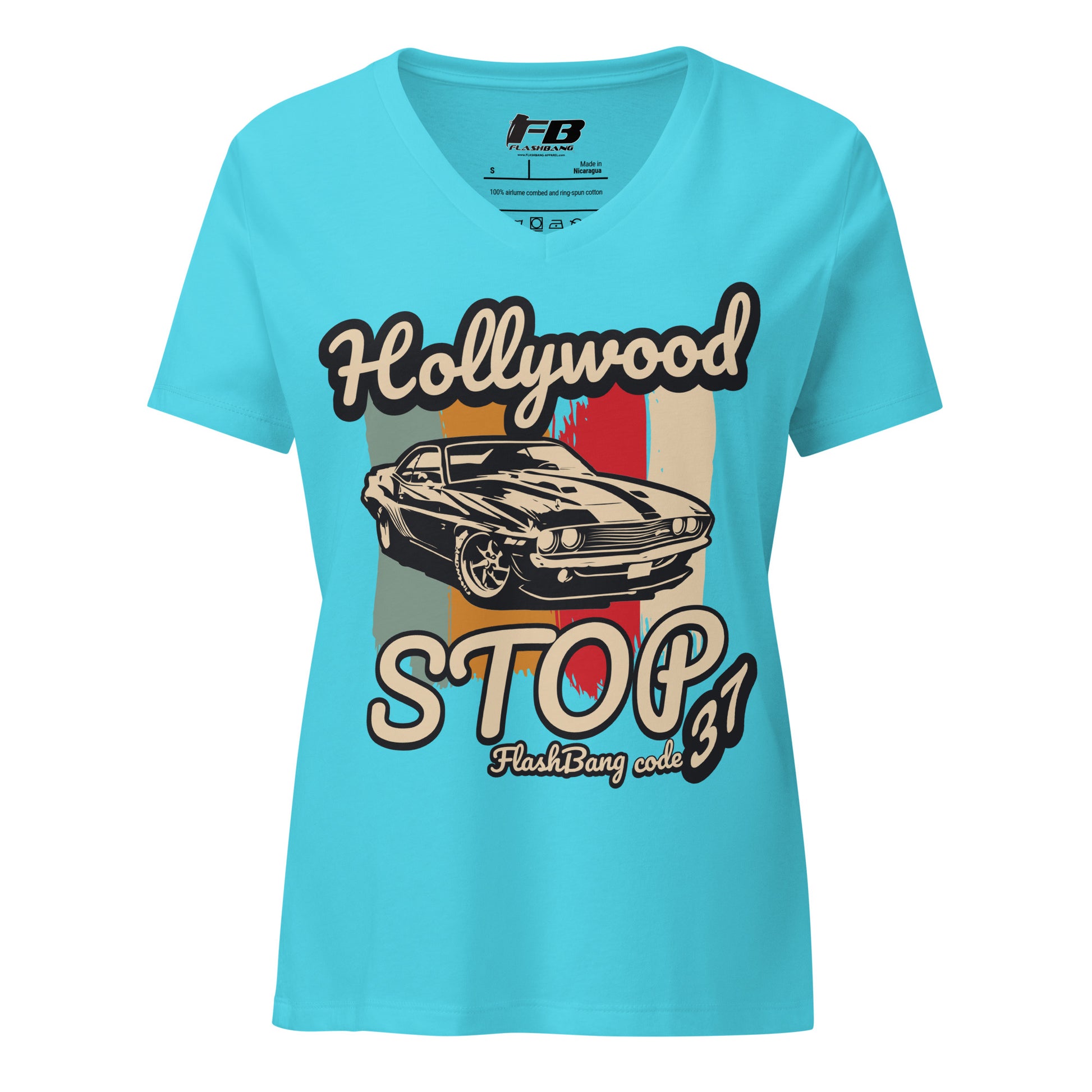 Blue t-shirt with a graphic of a car and text on a white background