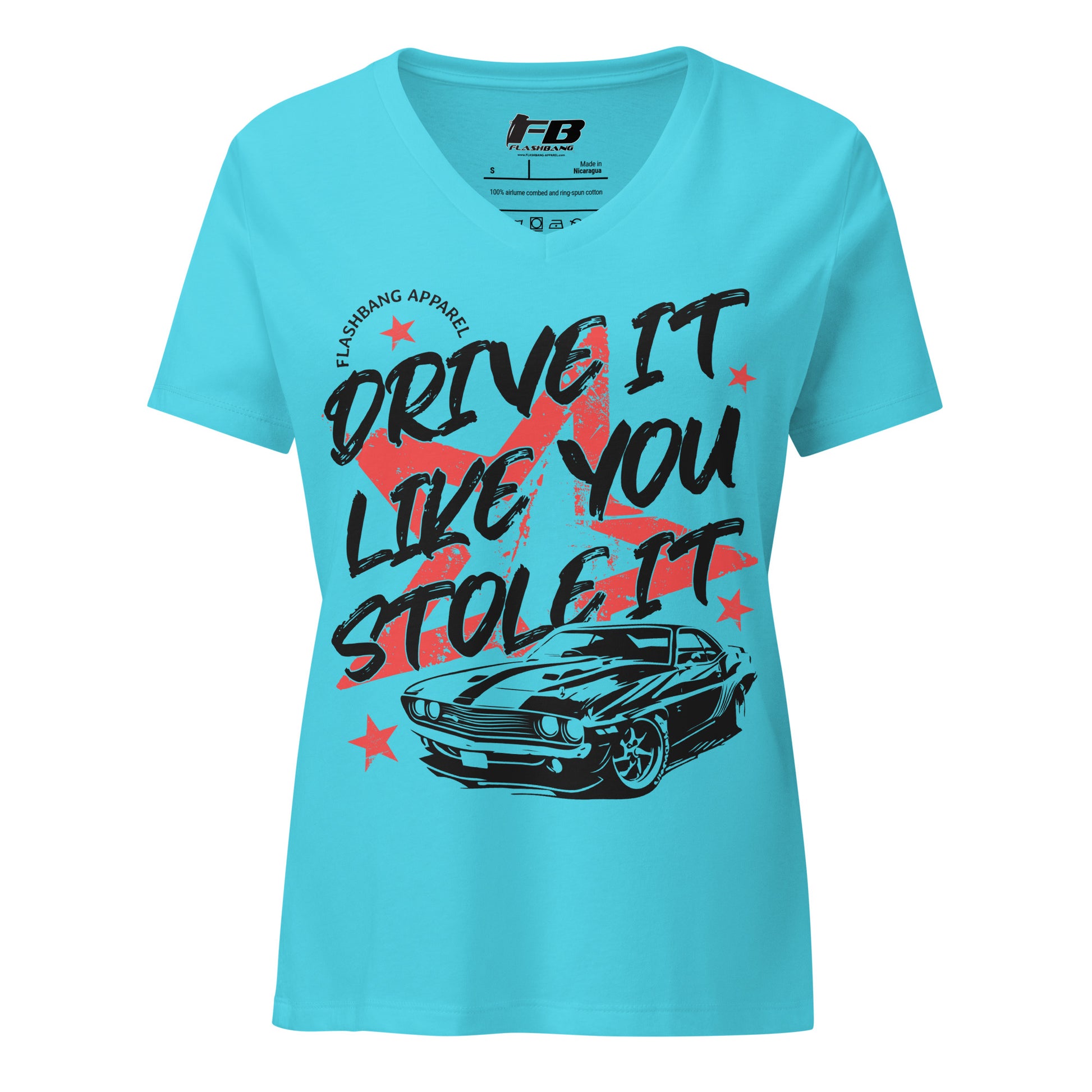 Blue t-shirt with car graphic and text on a white background