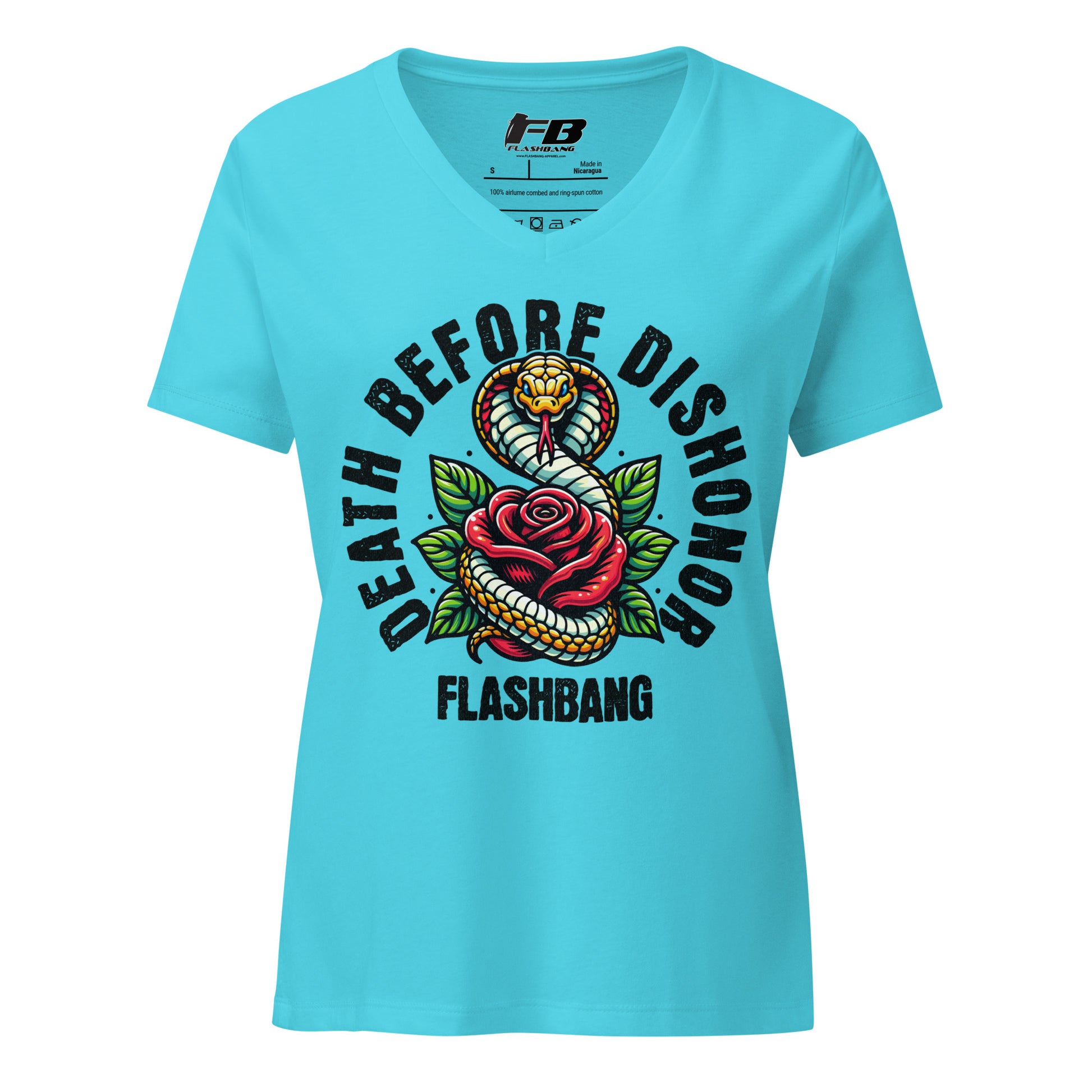 Blue t-shirt with snake and rose graphic and 'Flashbang' text on a white background