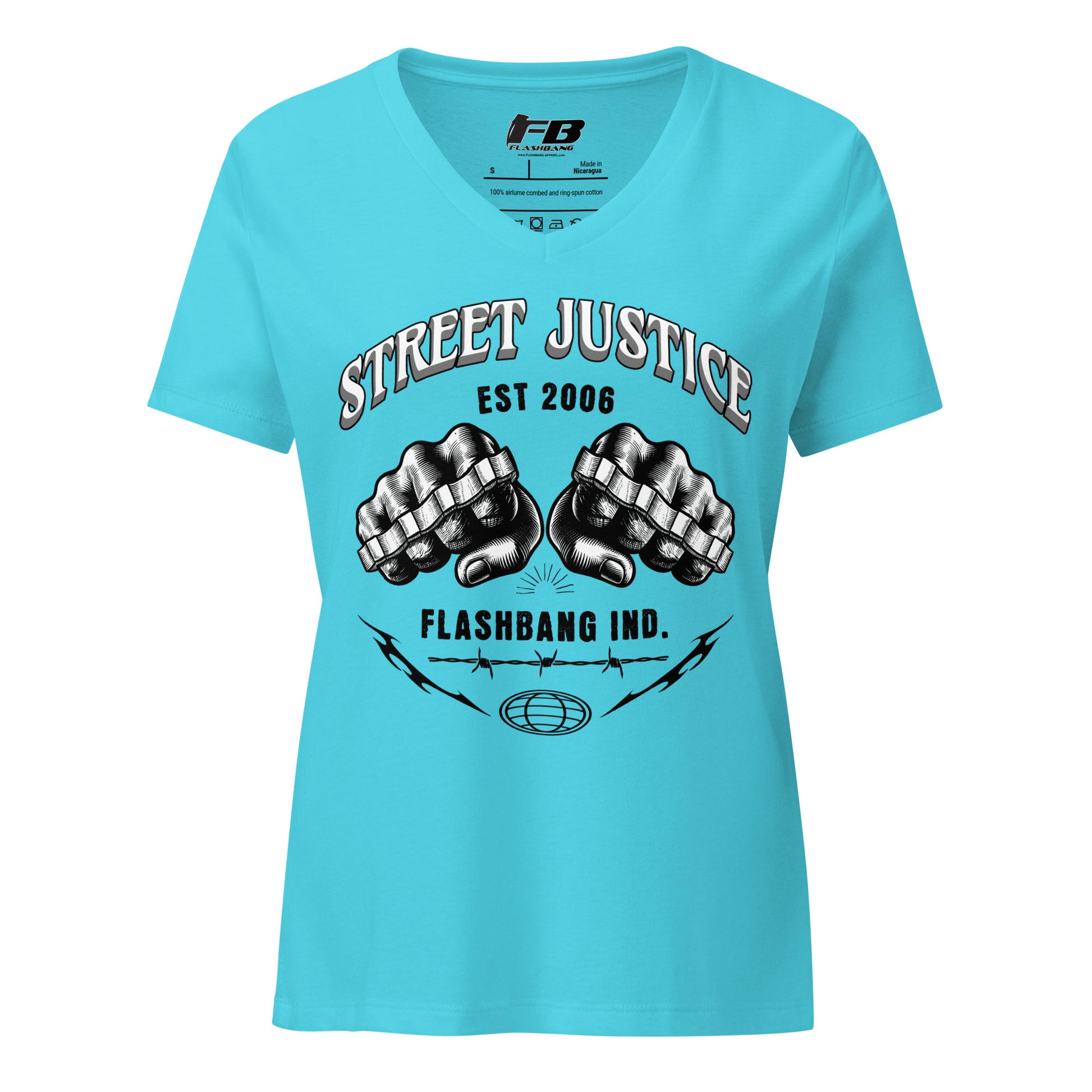 Blue t-shirt with 'Street Justice' and 'Flashbang Ind.' design on a white background