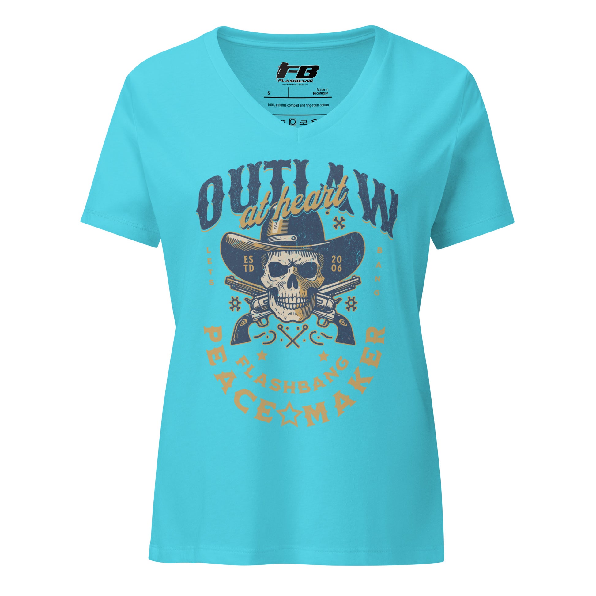 Turquoise t-shirt with a graphic design featuring a skull and text on a white background