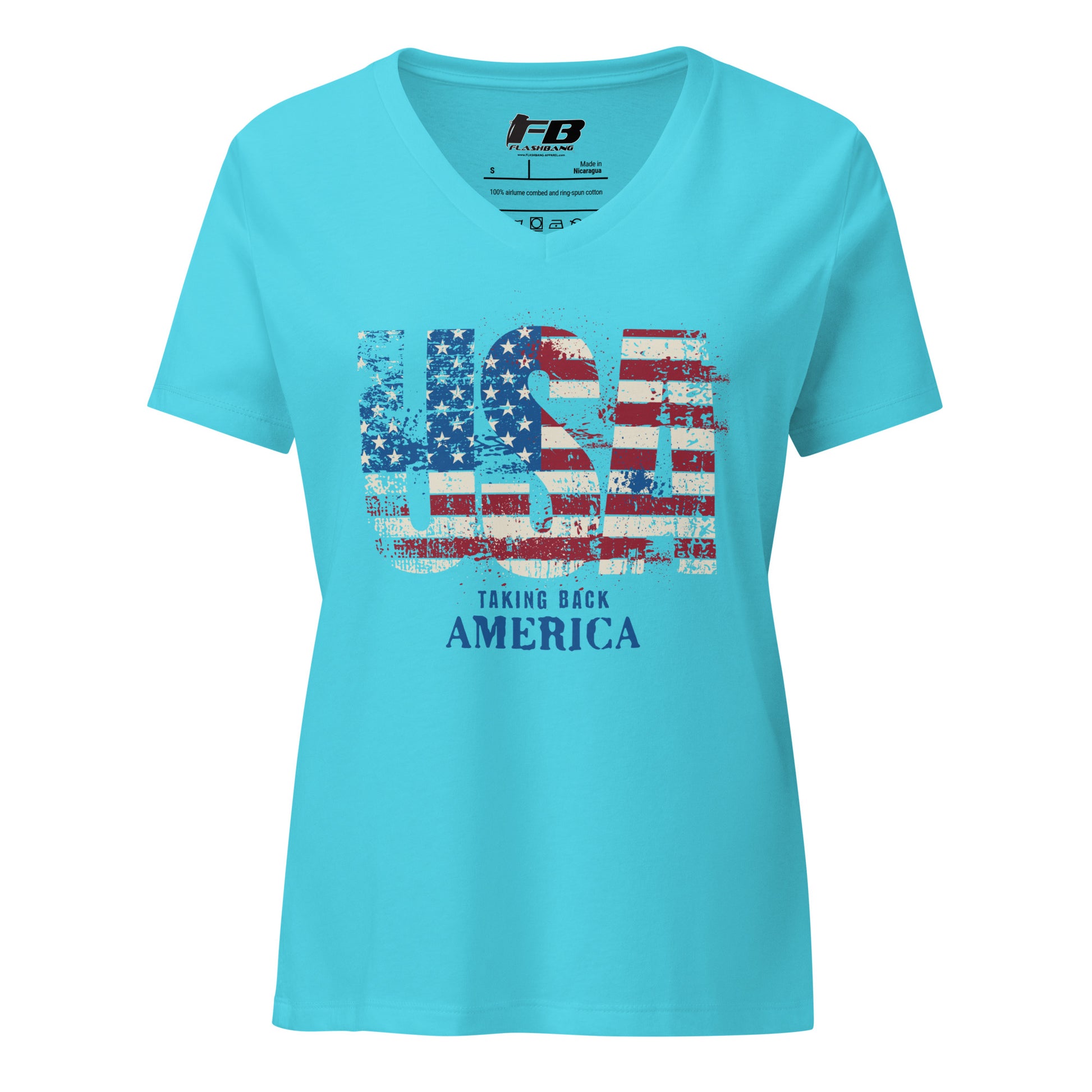Turquoise t-shirt with American flag design and text on a white background