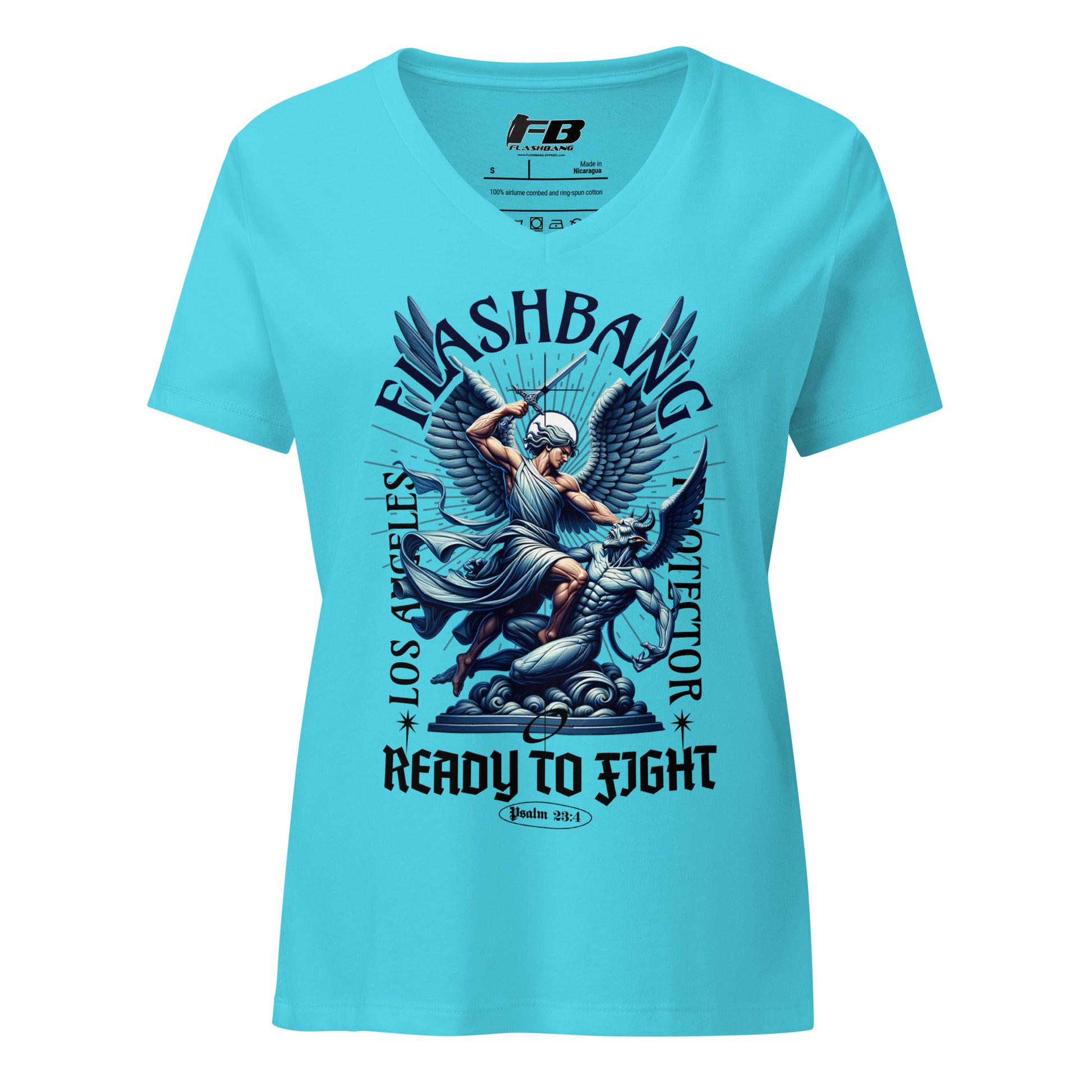 Light blue t-shirt with graphic design and text on a white background