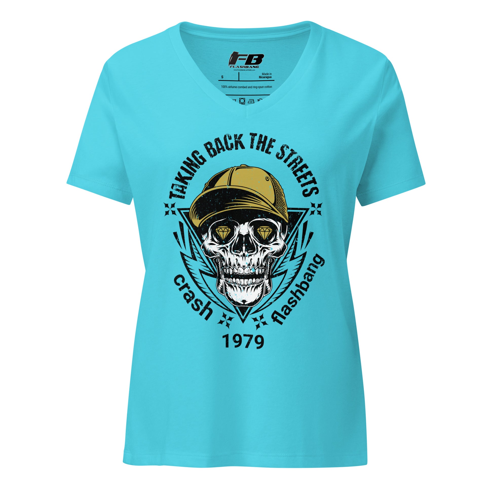 Blue t-shirt with a skull graphic and text on a white background
