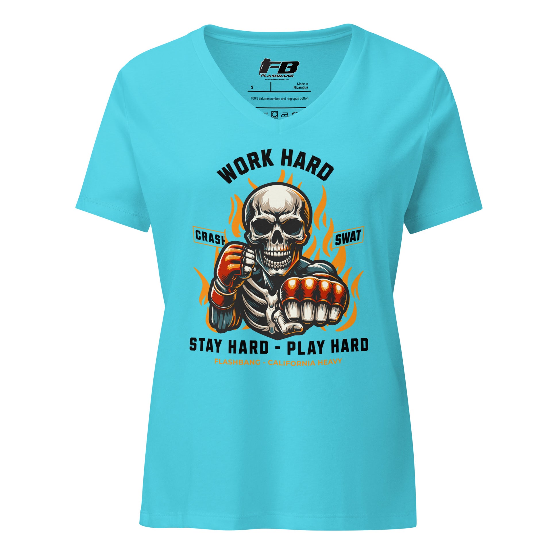 Blue t-shirt with a graphic of a skeleton holding fists and text on a white background