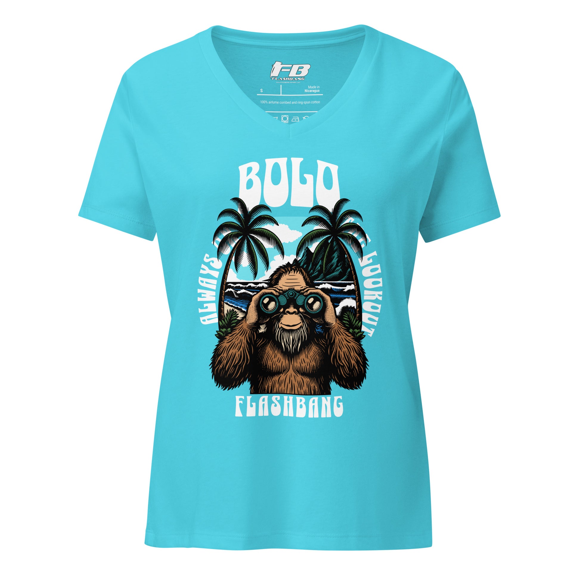 Blue t-shirt with a graphic of a bear wearing sunglasses and palm trees, with 'Bolo' and 'Flashbang' text.