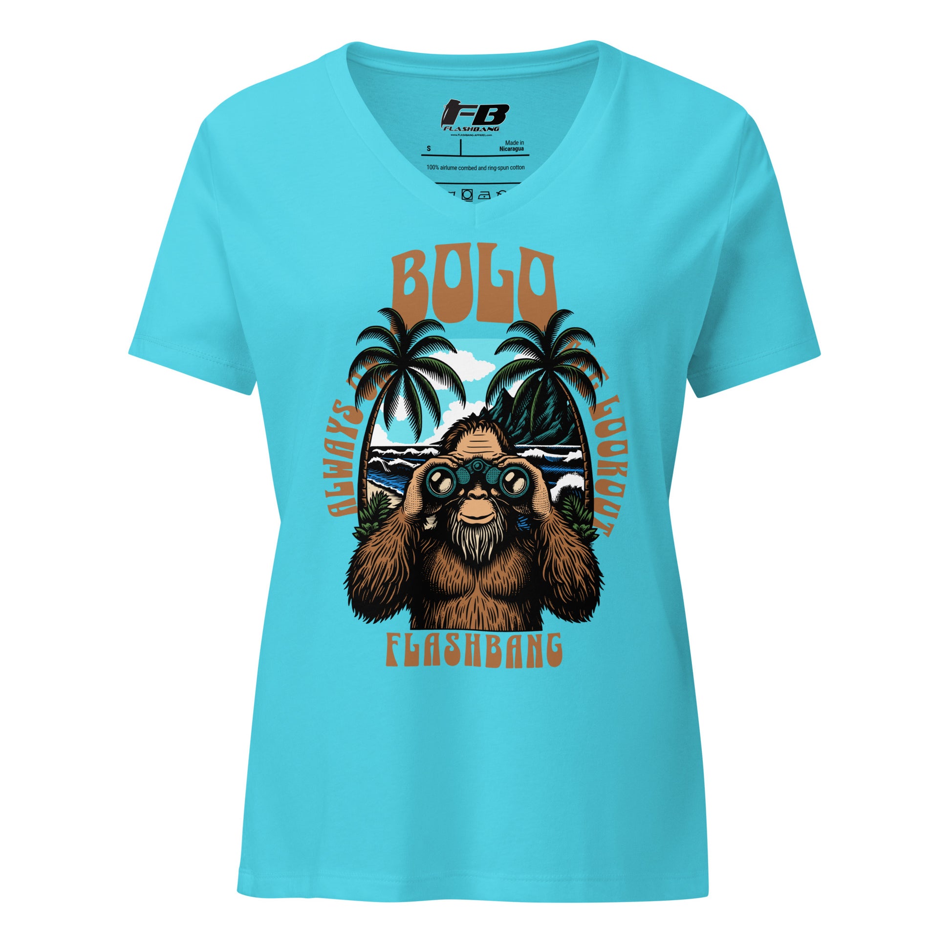 Blue t-shirt with a graphic of a bear and palm trees on a white background