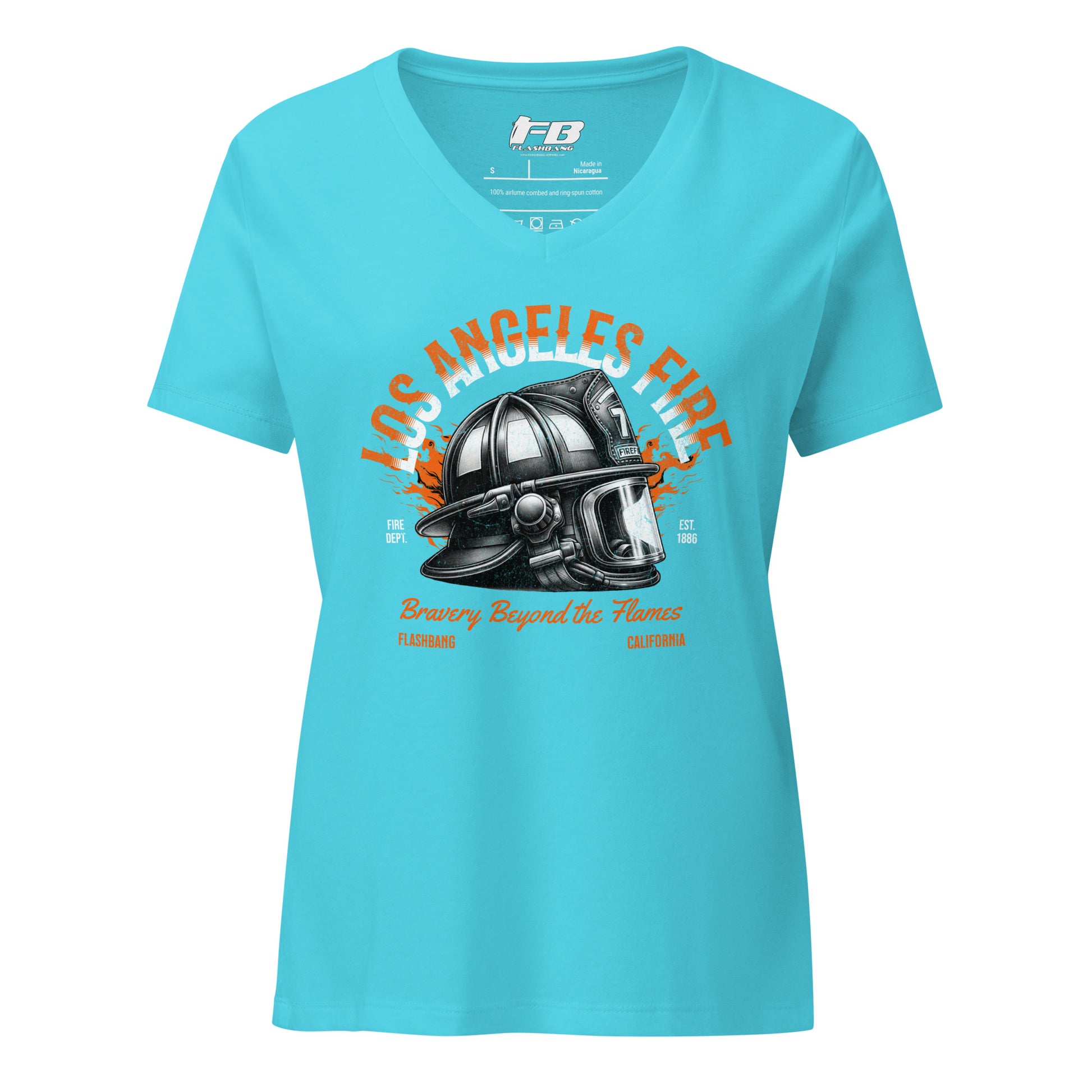 Blue t-shirt with a fire helmet graphic and text on a white background