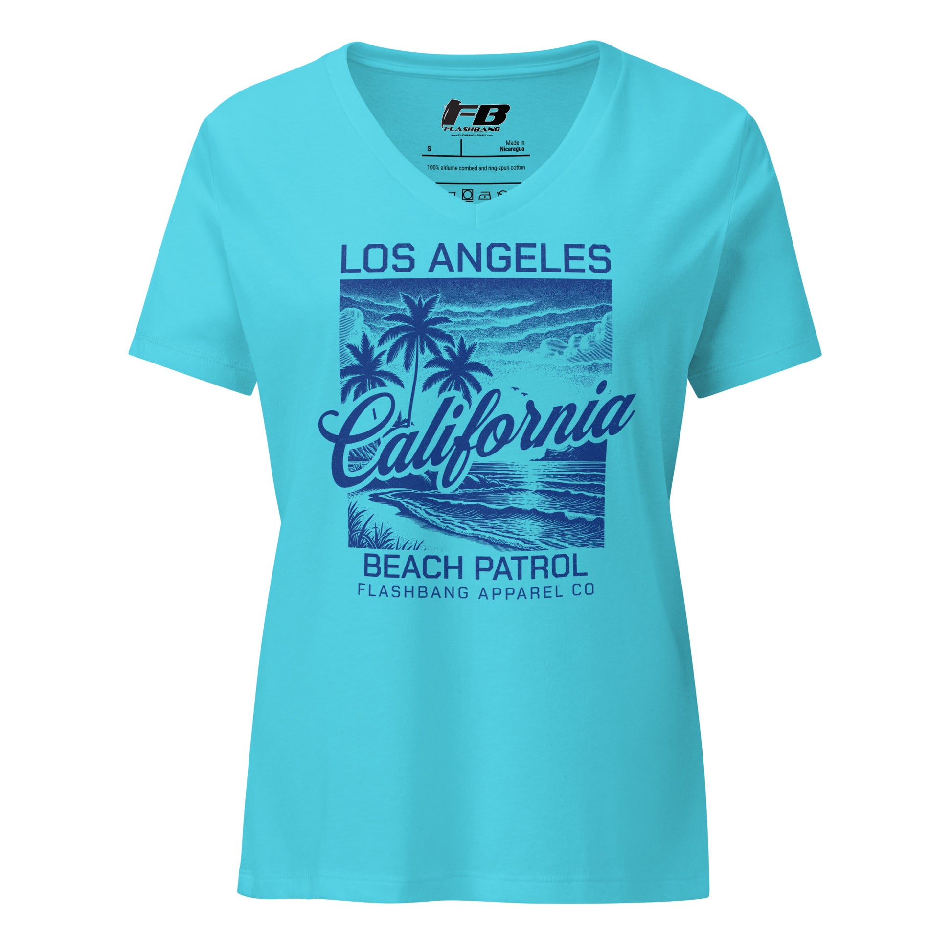 Blue t-shirt with 'Los Angeles California Beach Patrol' design on a white background