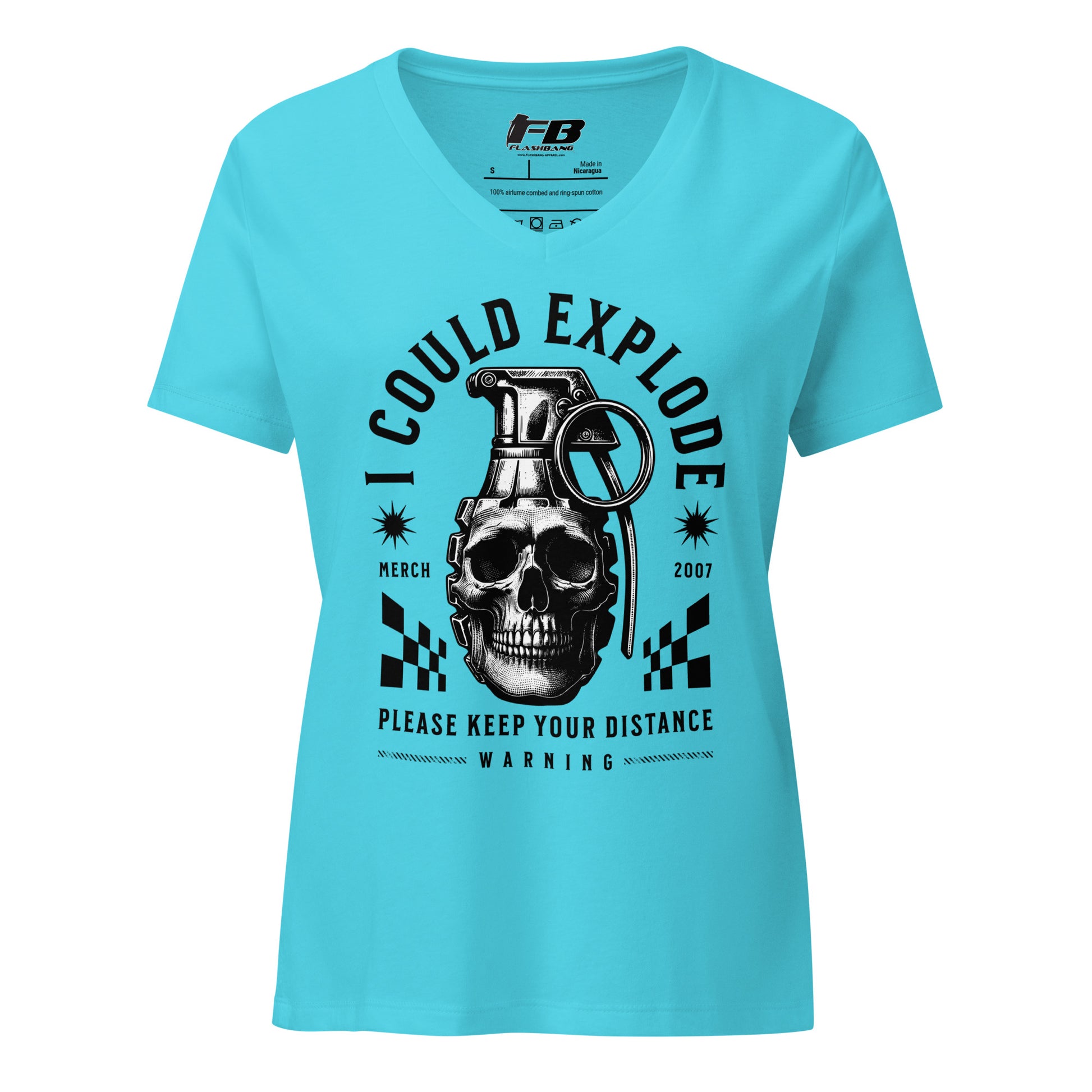 Light blue t-shirt with black graphic design featuring a skull and grenade on a white background