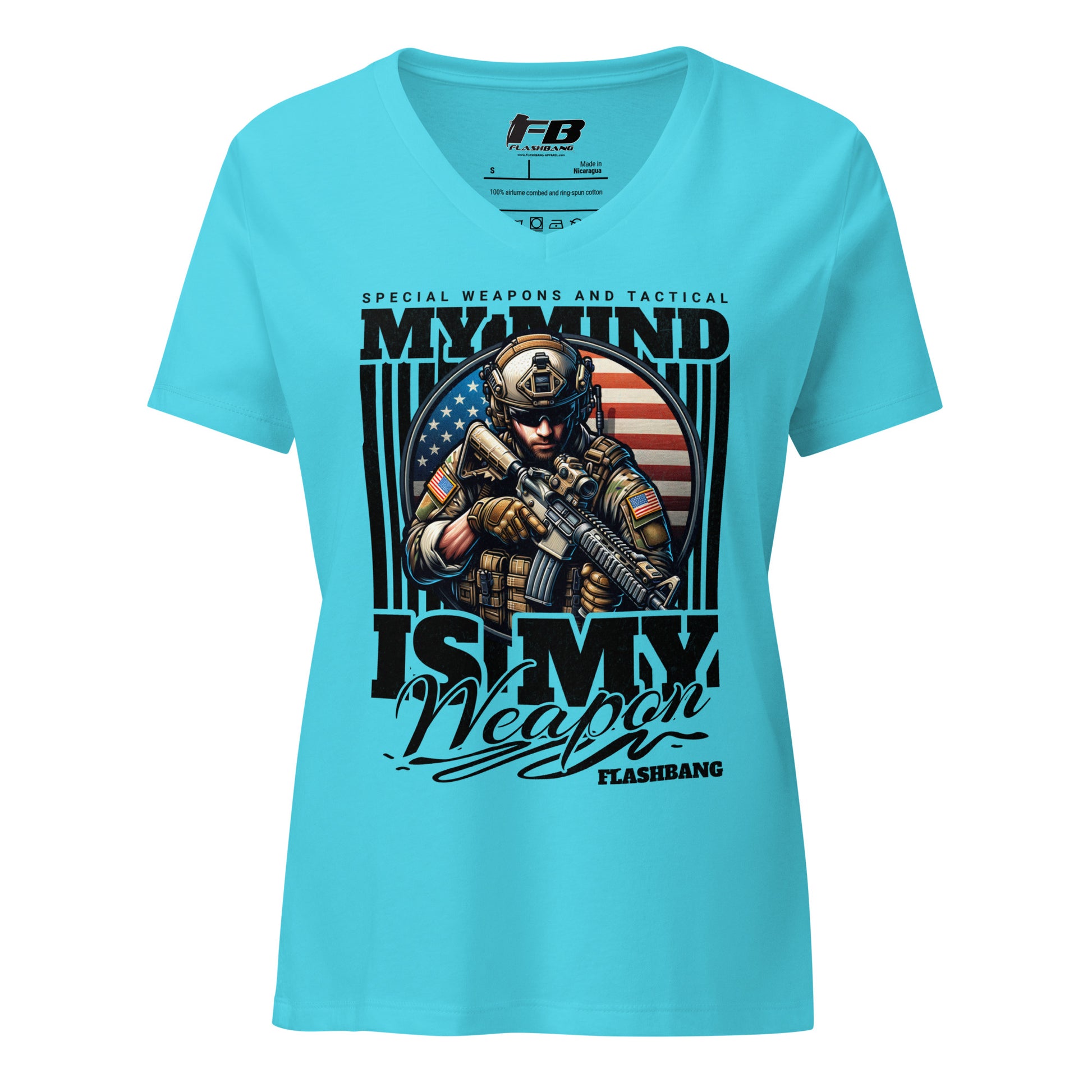 Blue t-shirt with graphic design and text on a white background