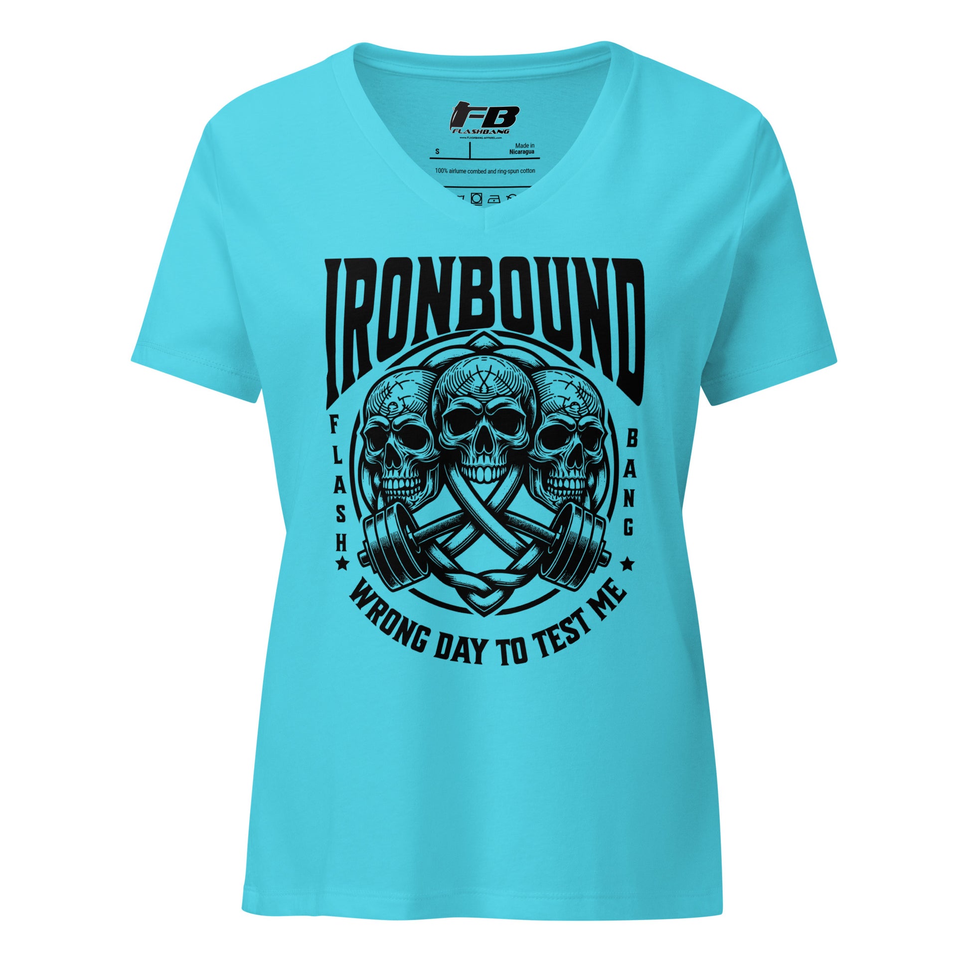 Light blue t-shirt with black graphic design and text on a white background