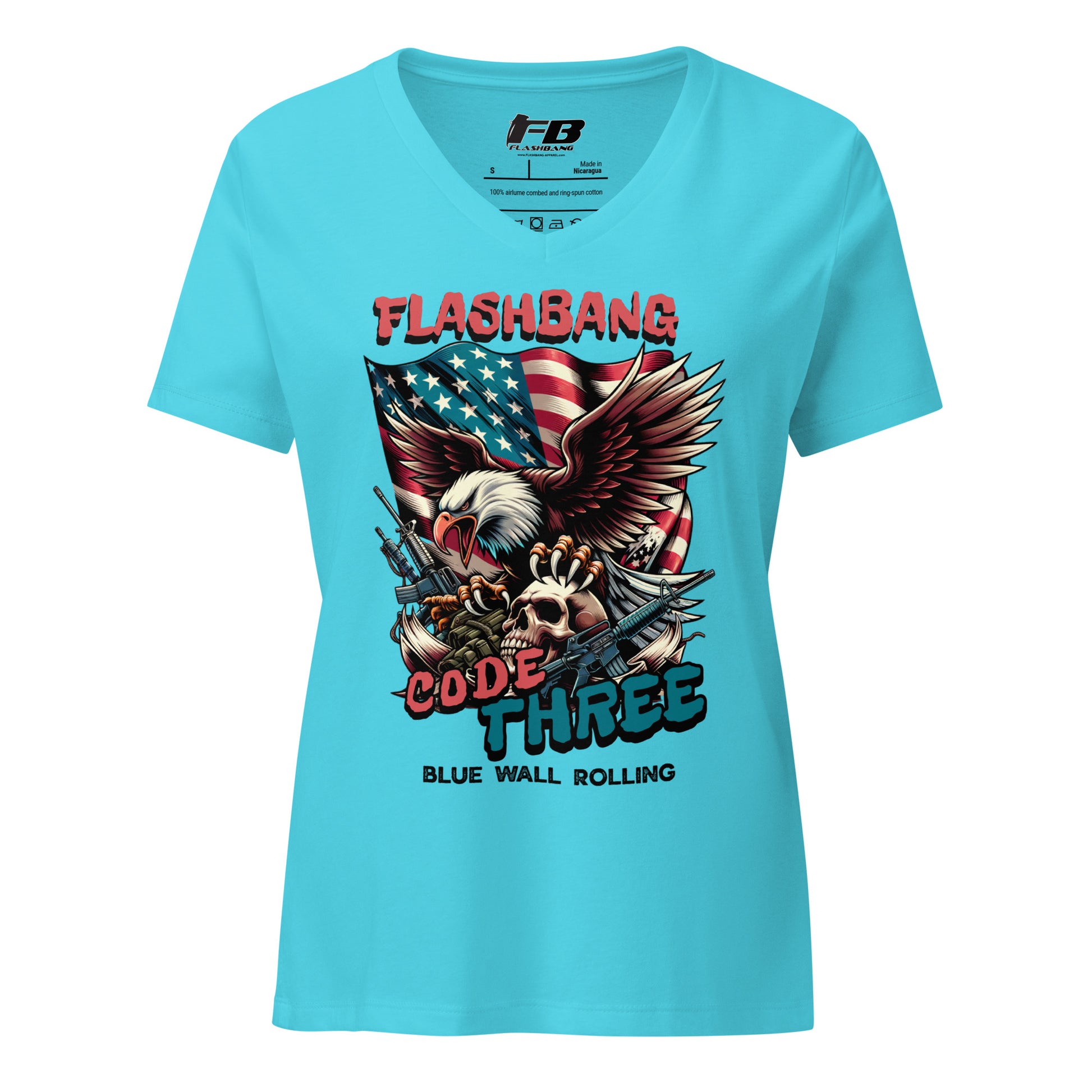 Blue t-shirt with graphic design and text on a white background