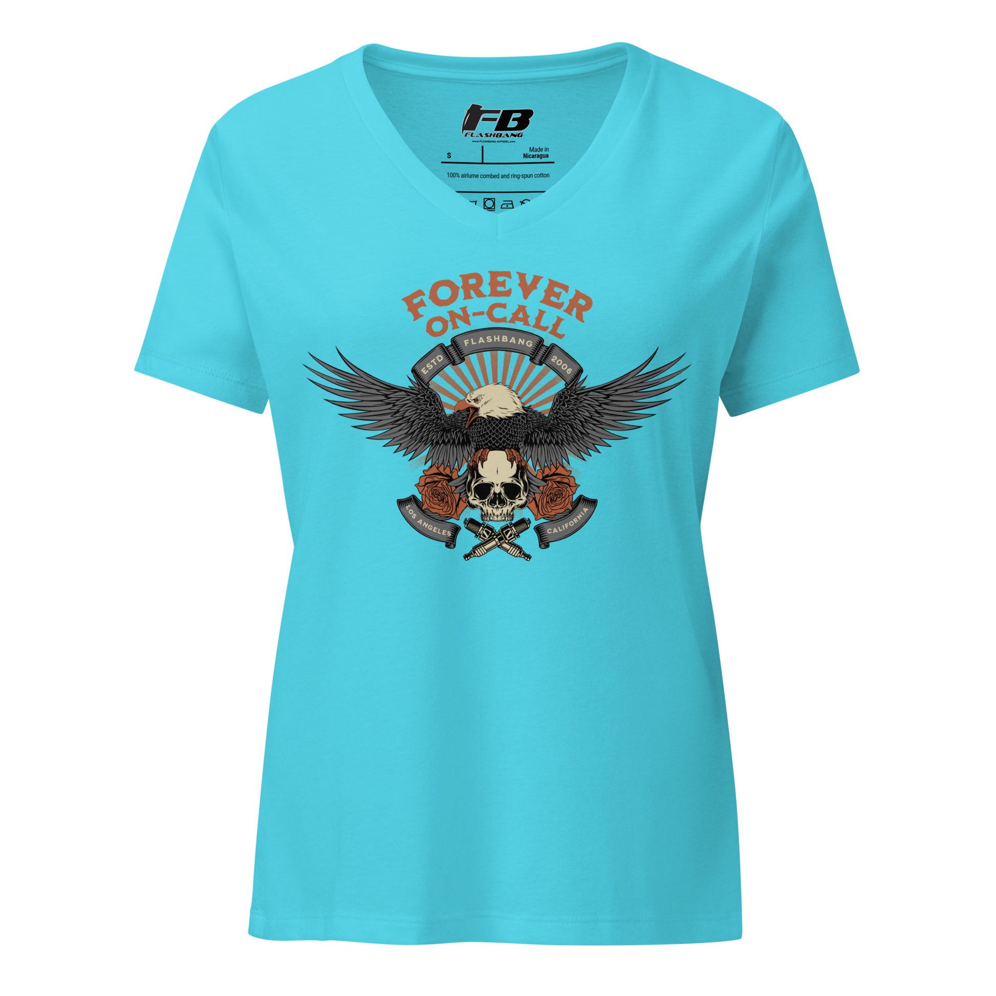 Blue t-shirt with an eagle and skull graphic and 'FB' logo on a white background