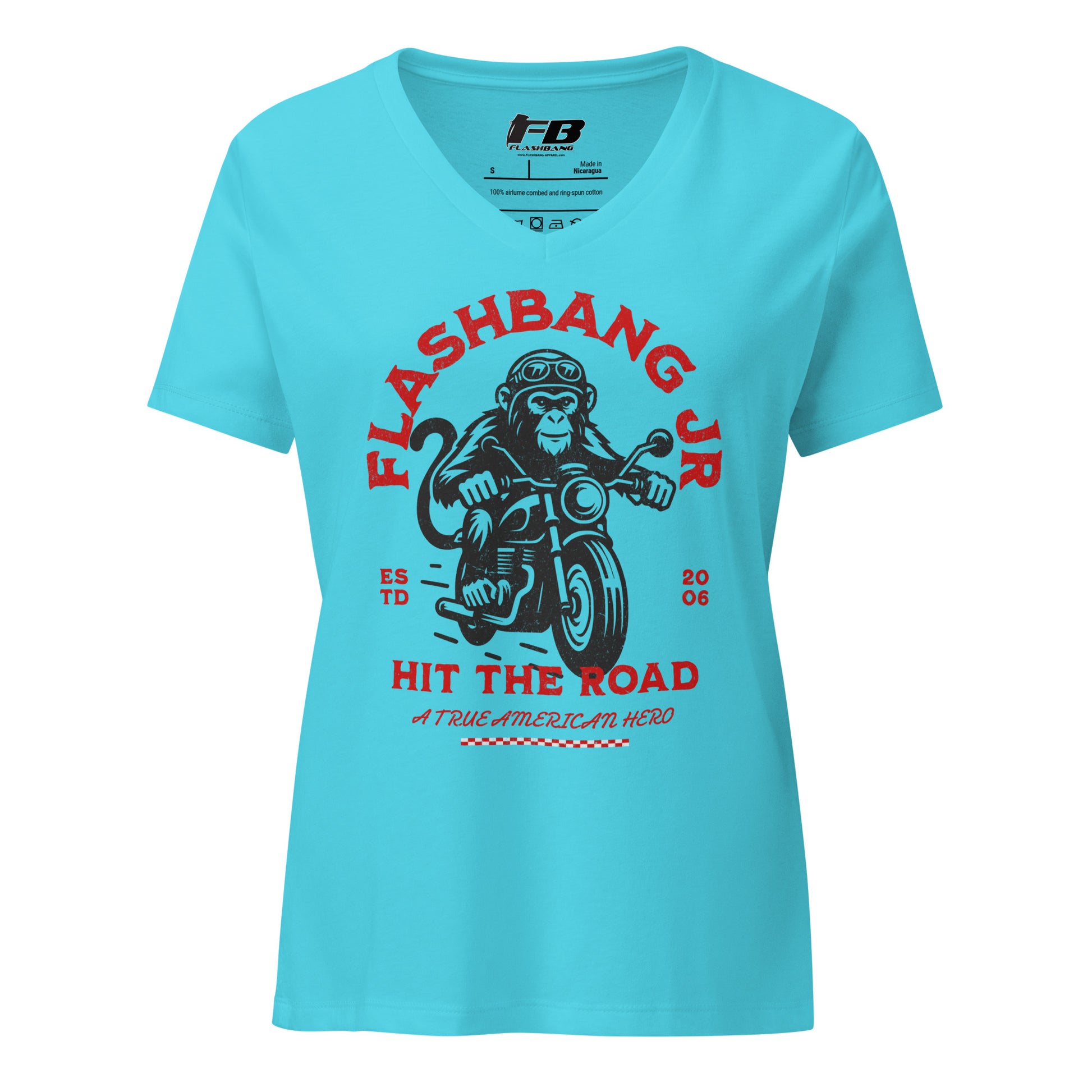 Blue t-shirt with monkey on a motorcycle graphic and 'Flashbang Jr' text on a white background