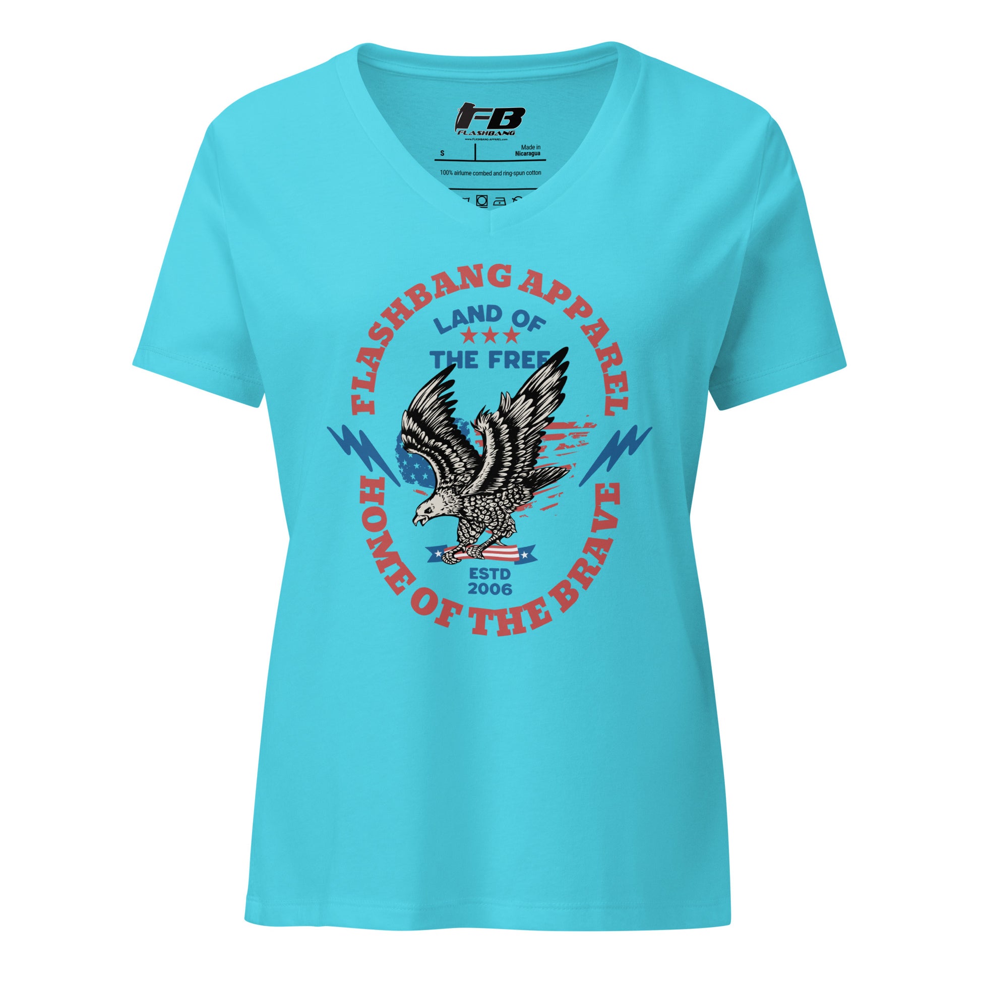 Blue t-shirt with an eagle graphic and text on a white background