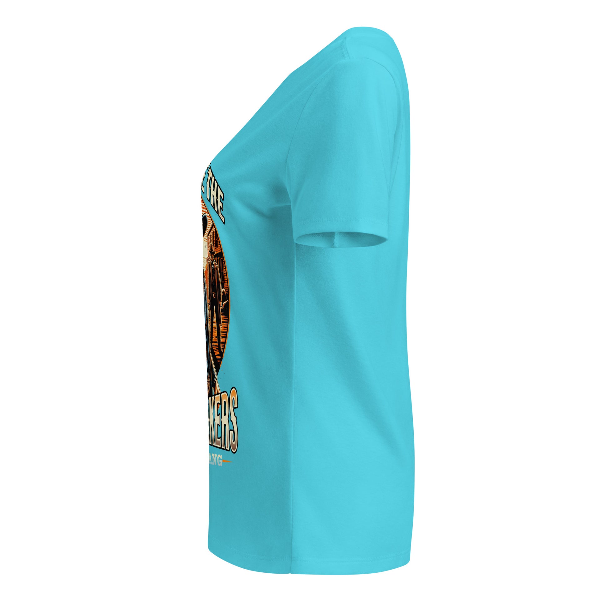 Light blue t-shirt with a graphic design on the sleeve against a white background