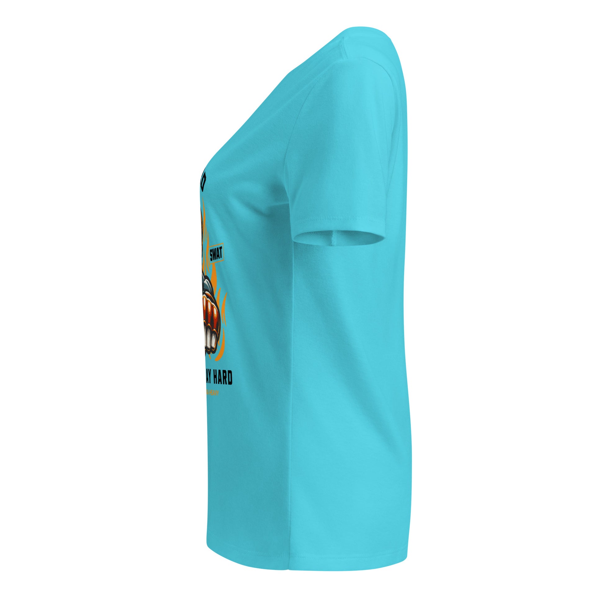 Light blue t-shirt with a graphic design on the sleeve against a white background