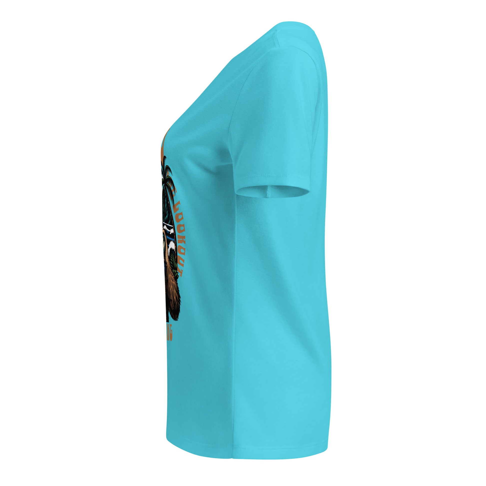 Turquoise t-shirt with a graphic design on the sleeve against a white background