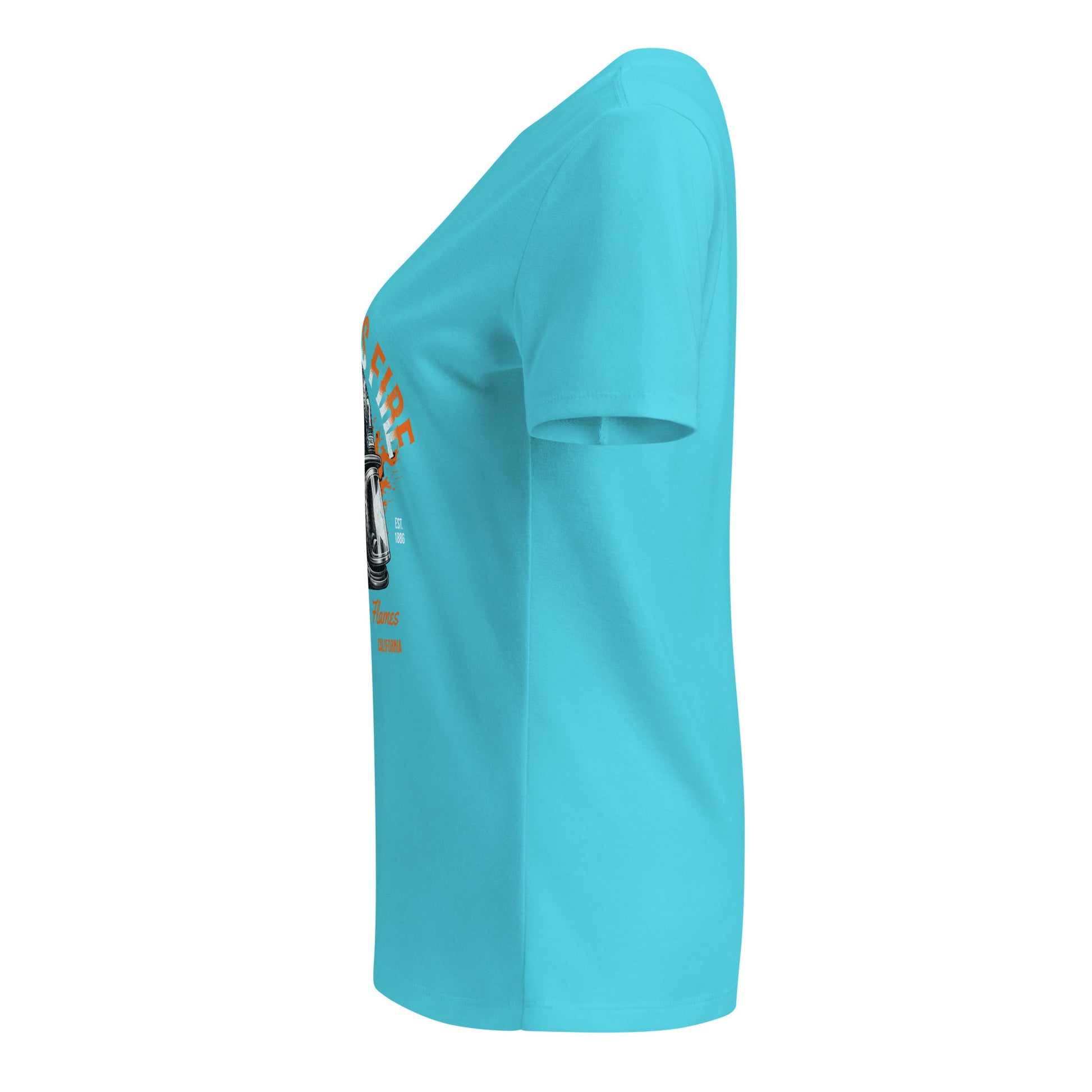 Turquoise t-shirt with a graphic on the sleeve against a white background