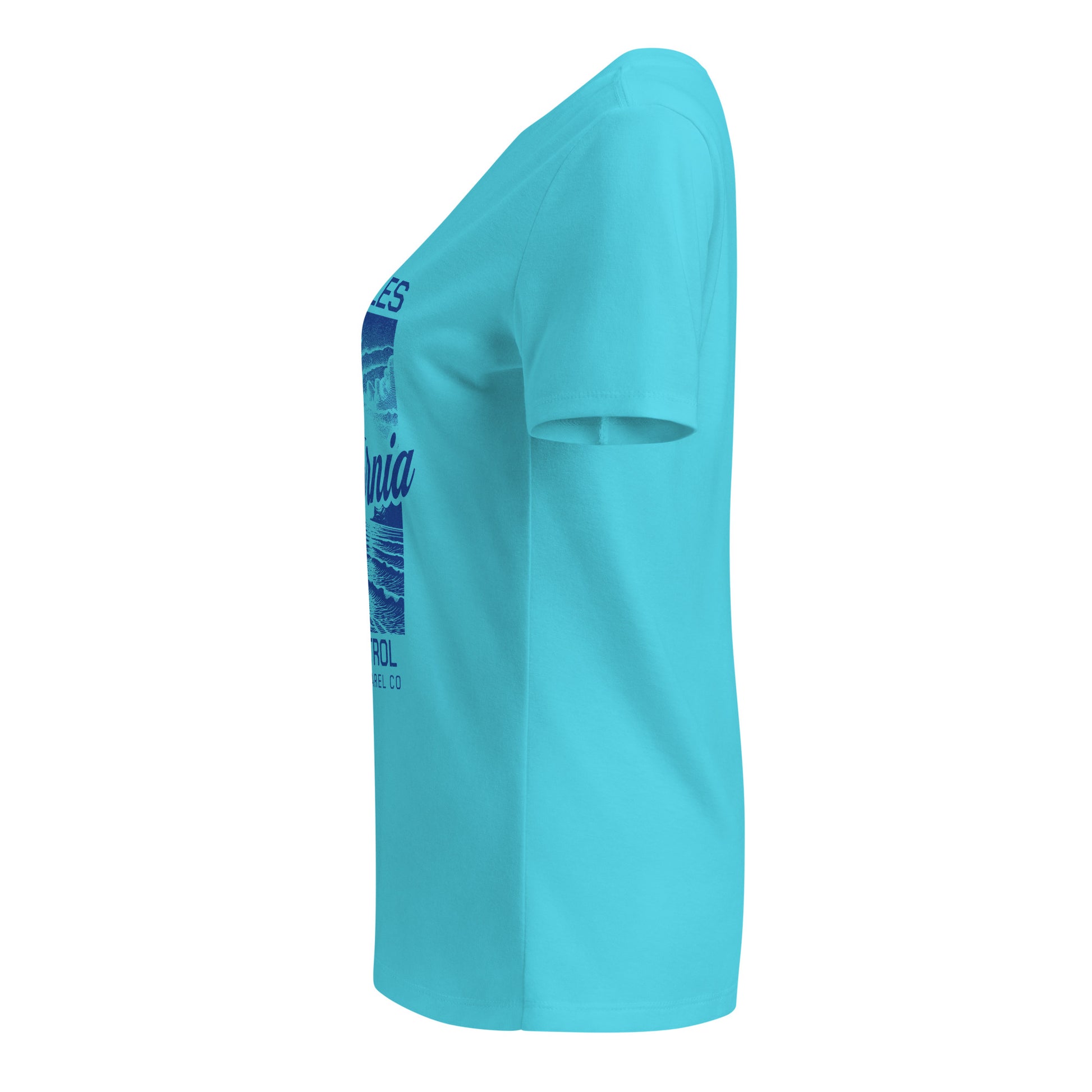 Turquoise t-shirt with a graphic design on a white background