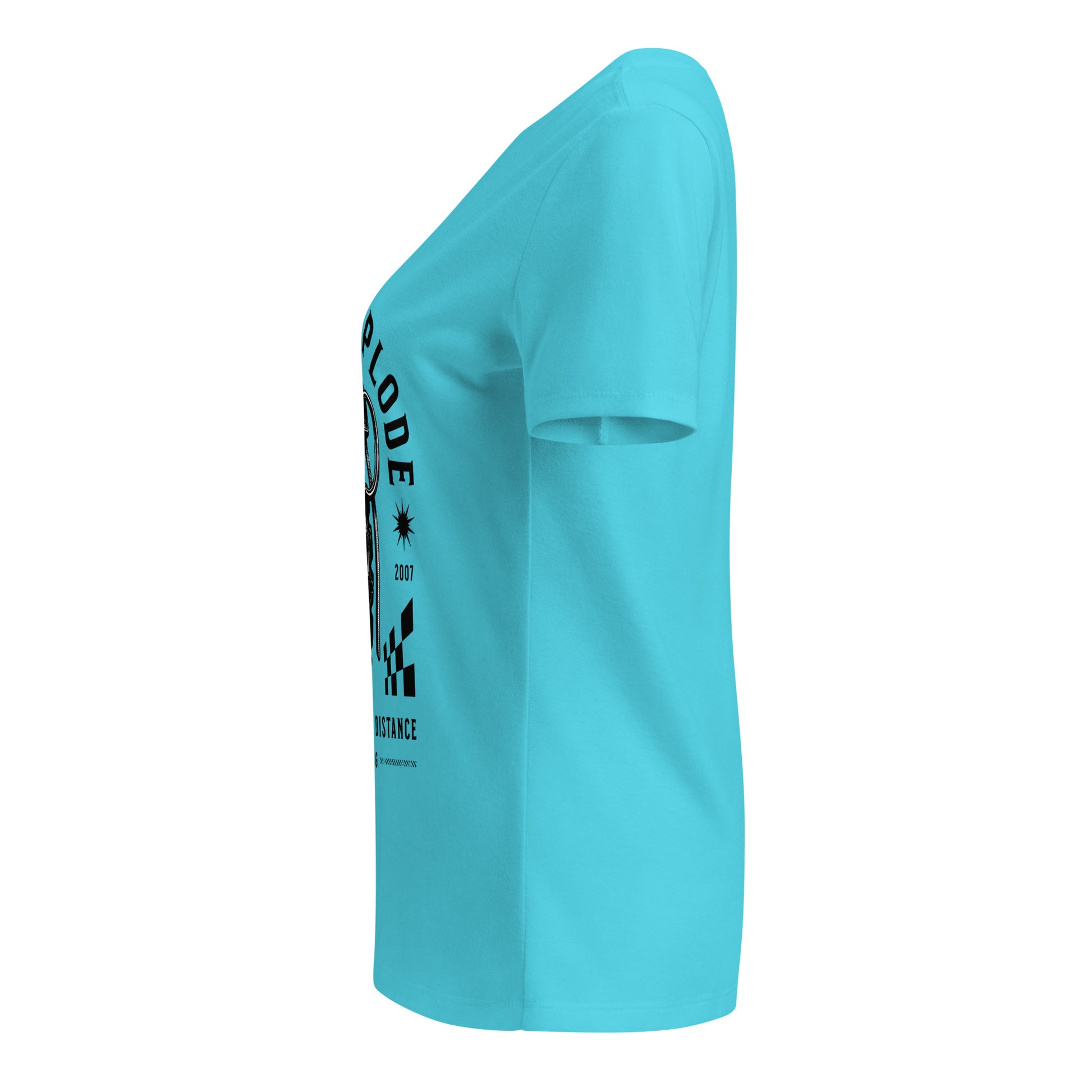 Turquoise t-shirt with black text and graphics on a white background
