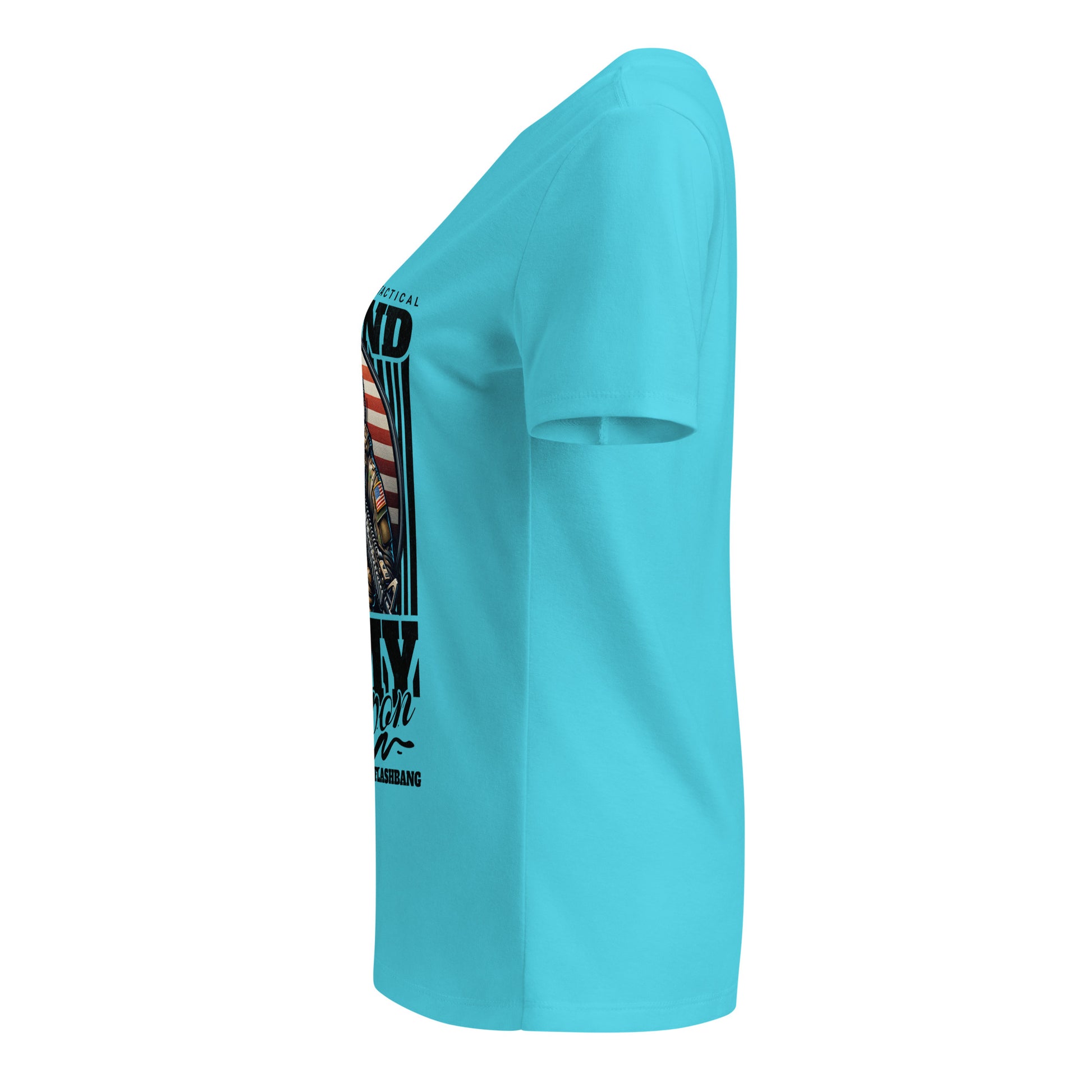 Turquoise t-shirt with a graphic design on a white background