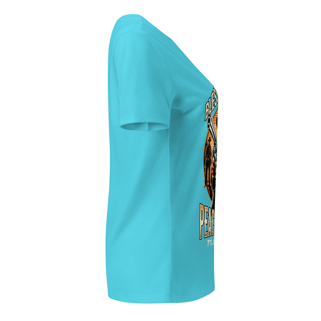 Light blue t-shirt with a graphic design on the back against a white background