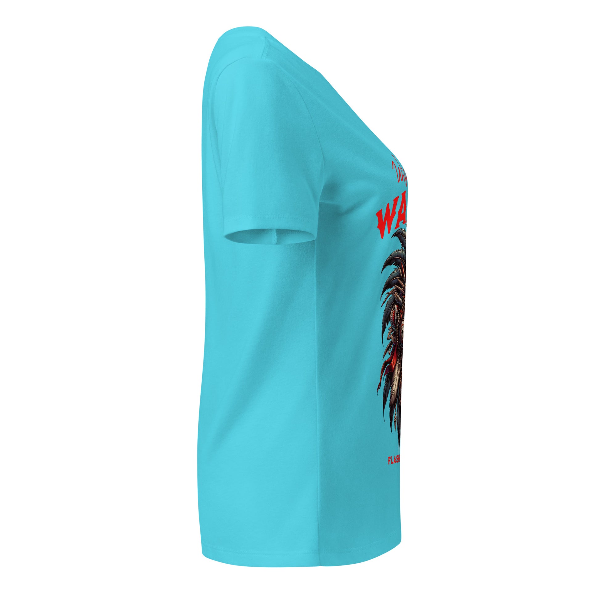 Light blue t-shirt with a graphic design on the sleeve against a white background