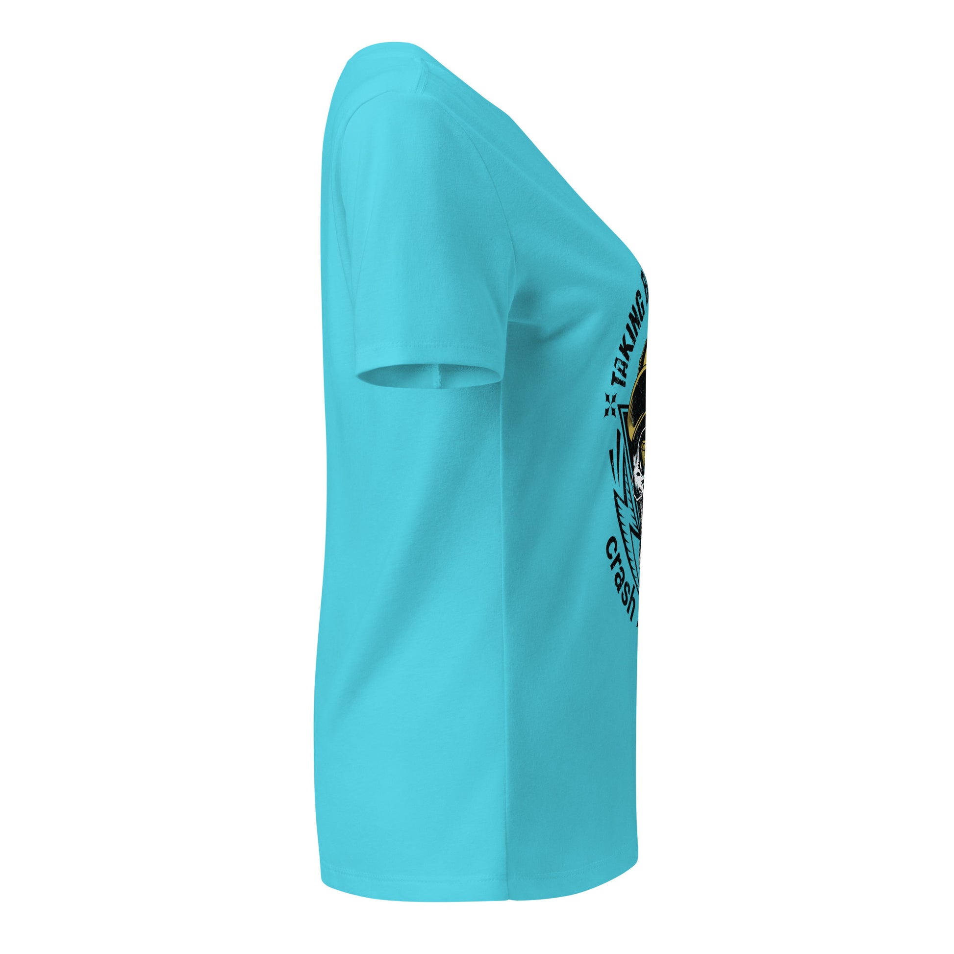 Light blue t-shirt with a graphic design on the sleeve against a white background