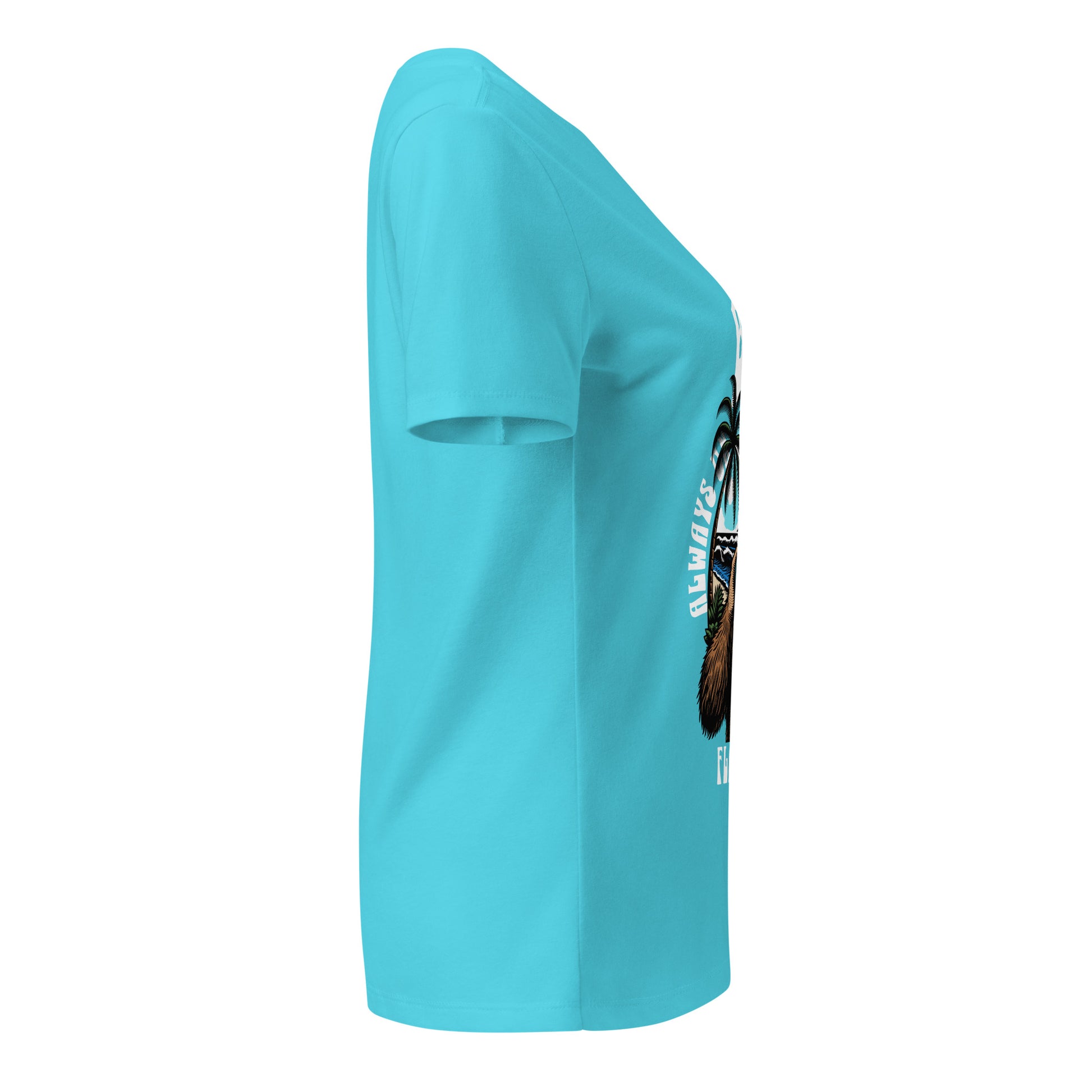 Light blue t-shirt with a graphic design on the sleeve against a white background