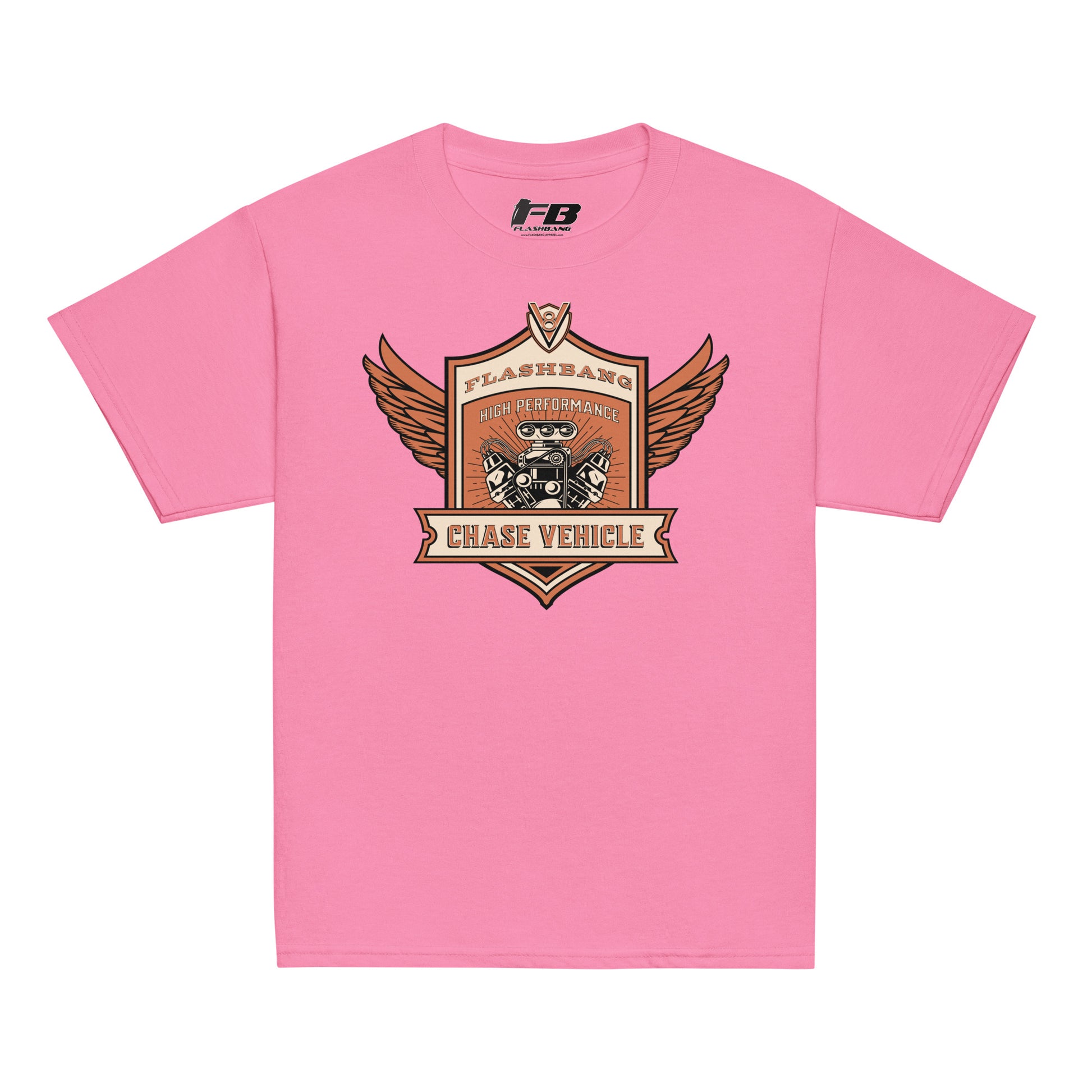 Pink t-shirt with a graphic design on a white background