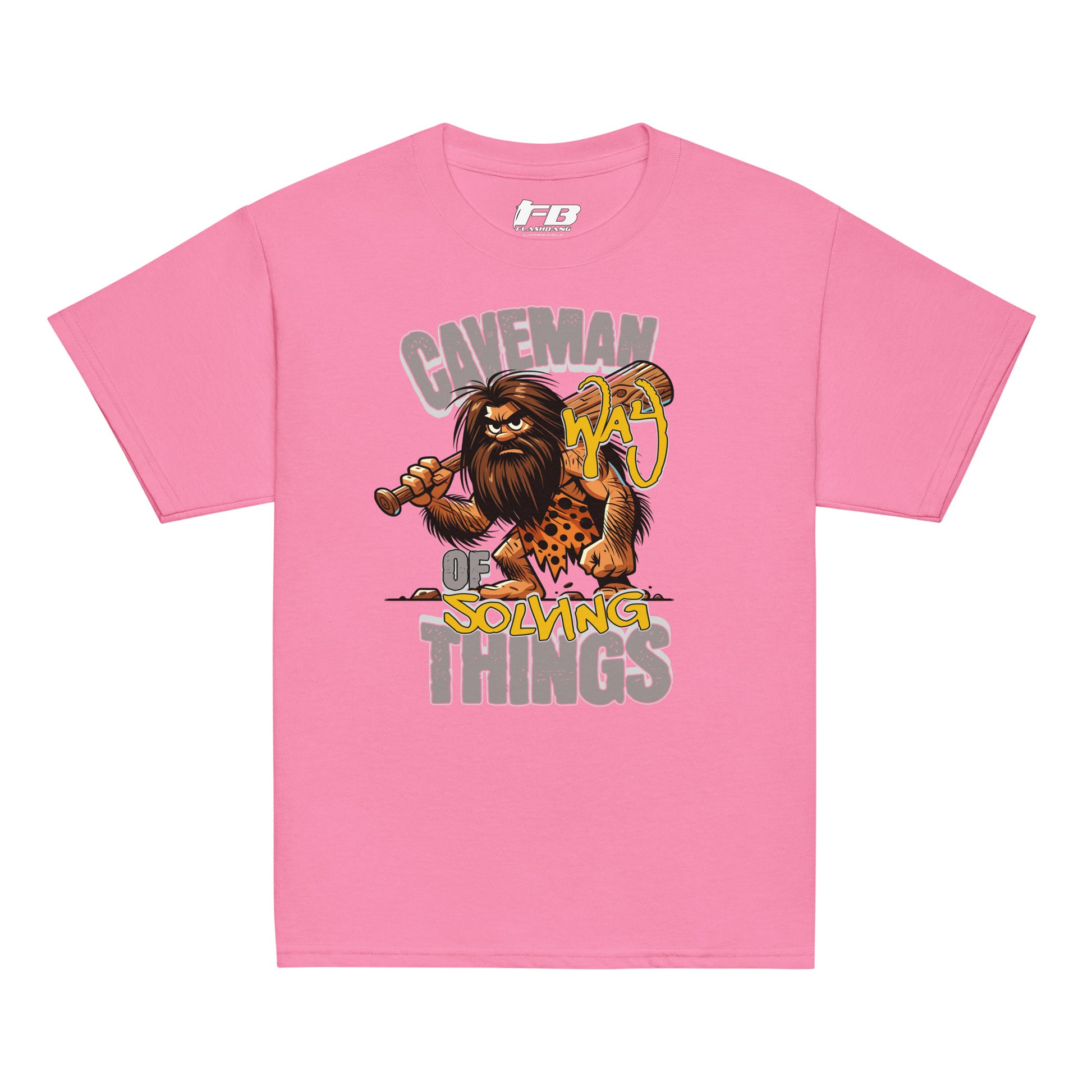 Pink t-shirt with a cartoon caveman design on a white background