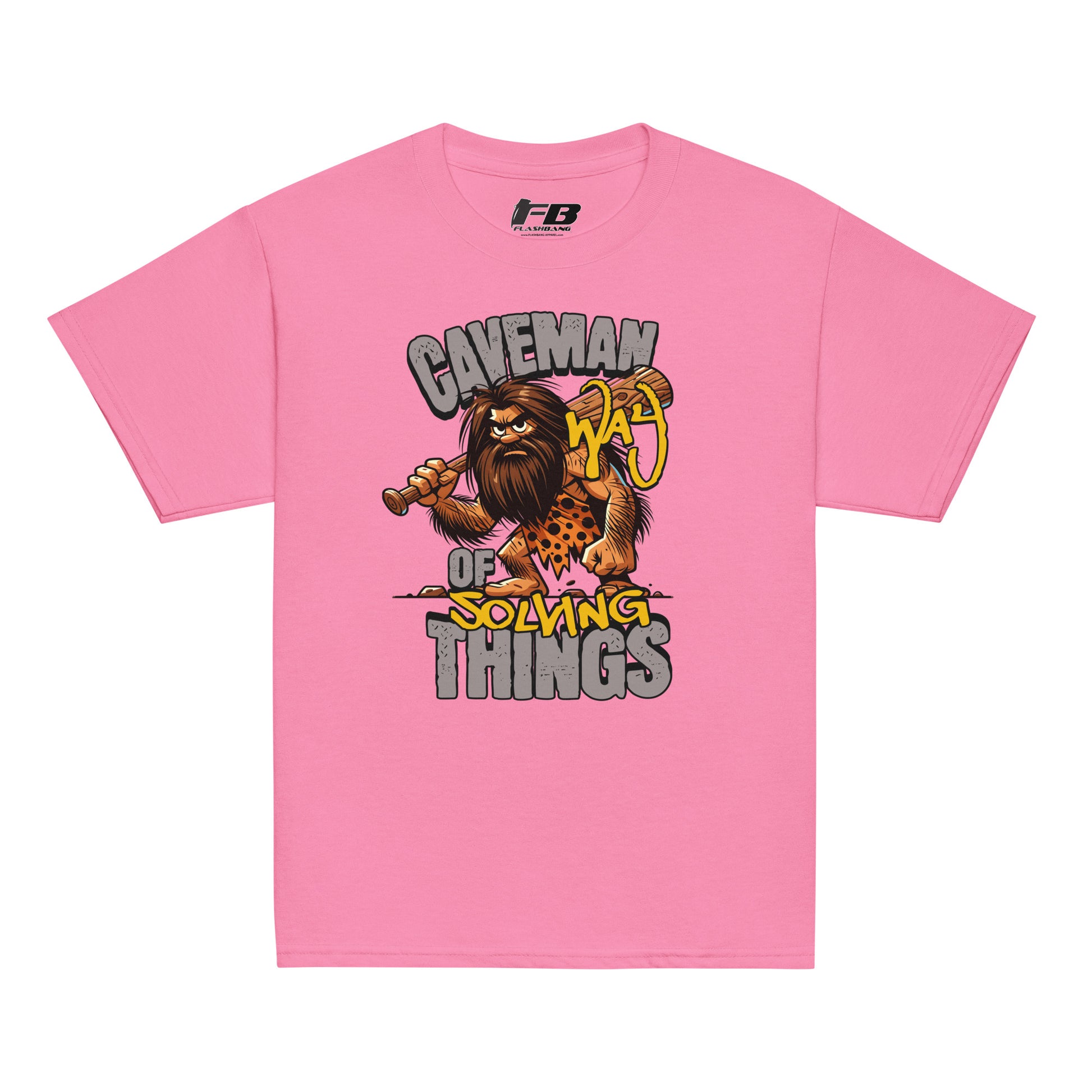 Pink t-shirt with a cartoon caveman design and text on a white background