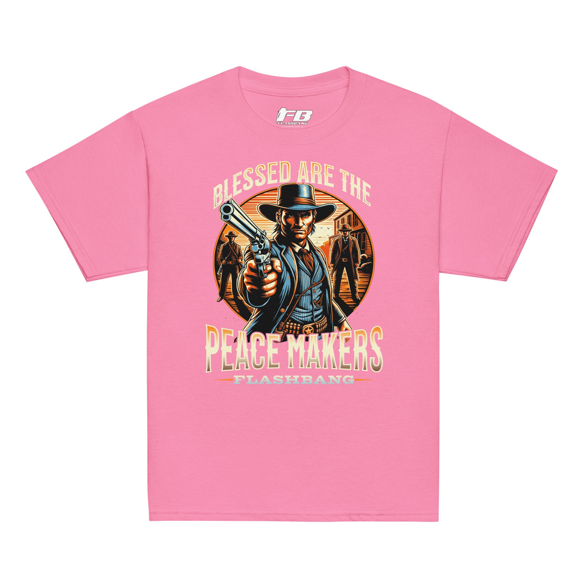 Pink t-shirt with a graphic of a cowboy holding a gun and text on a white background