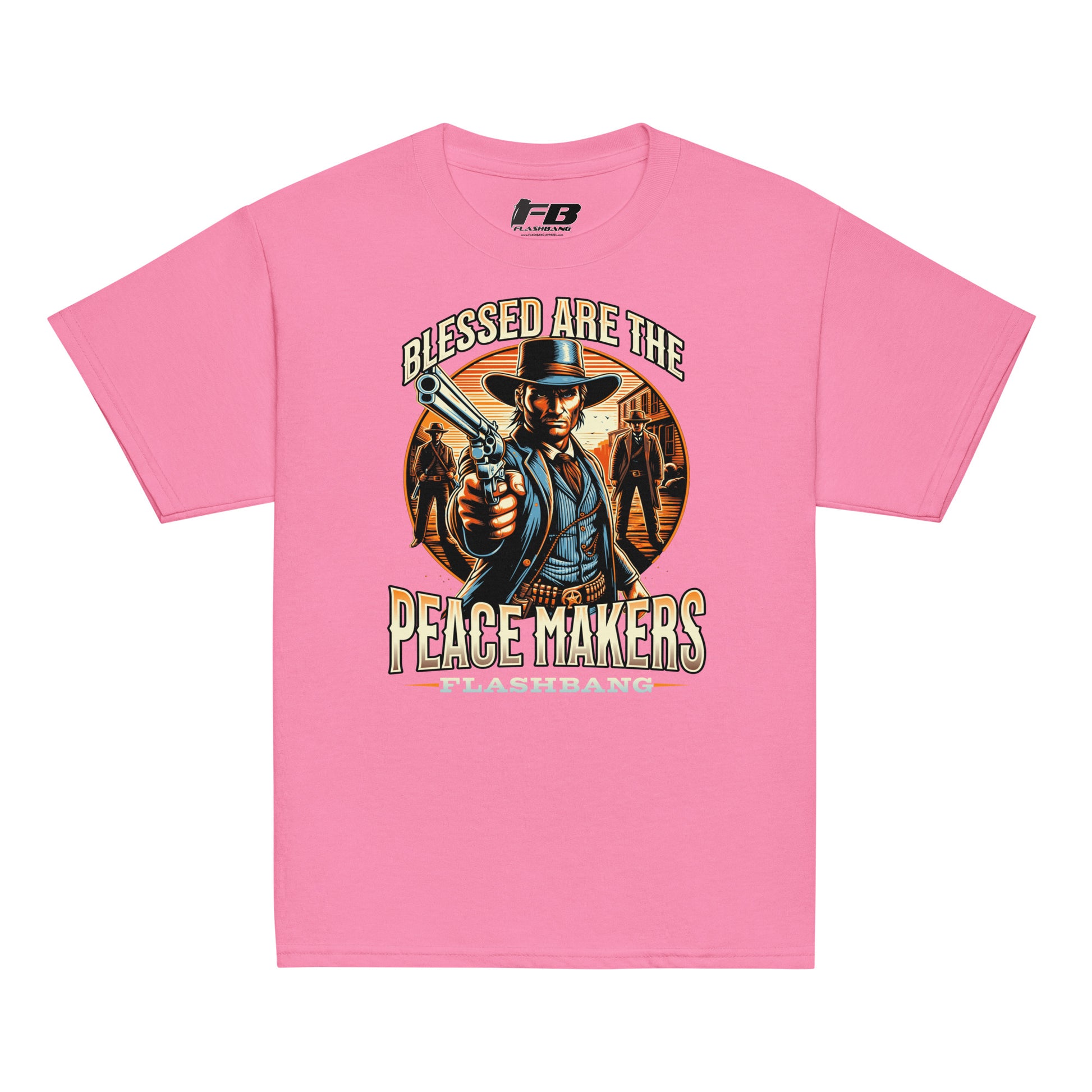 Pink t-shirt with a graphic design featuring a cowboy and text on a white background