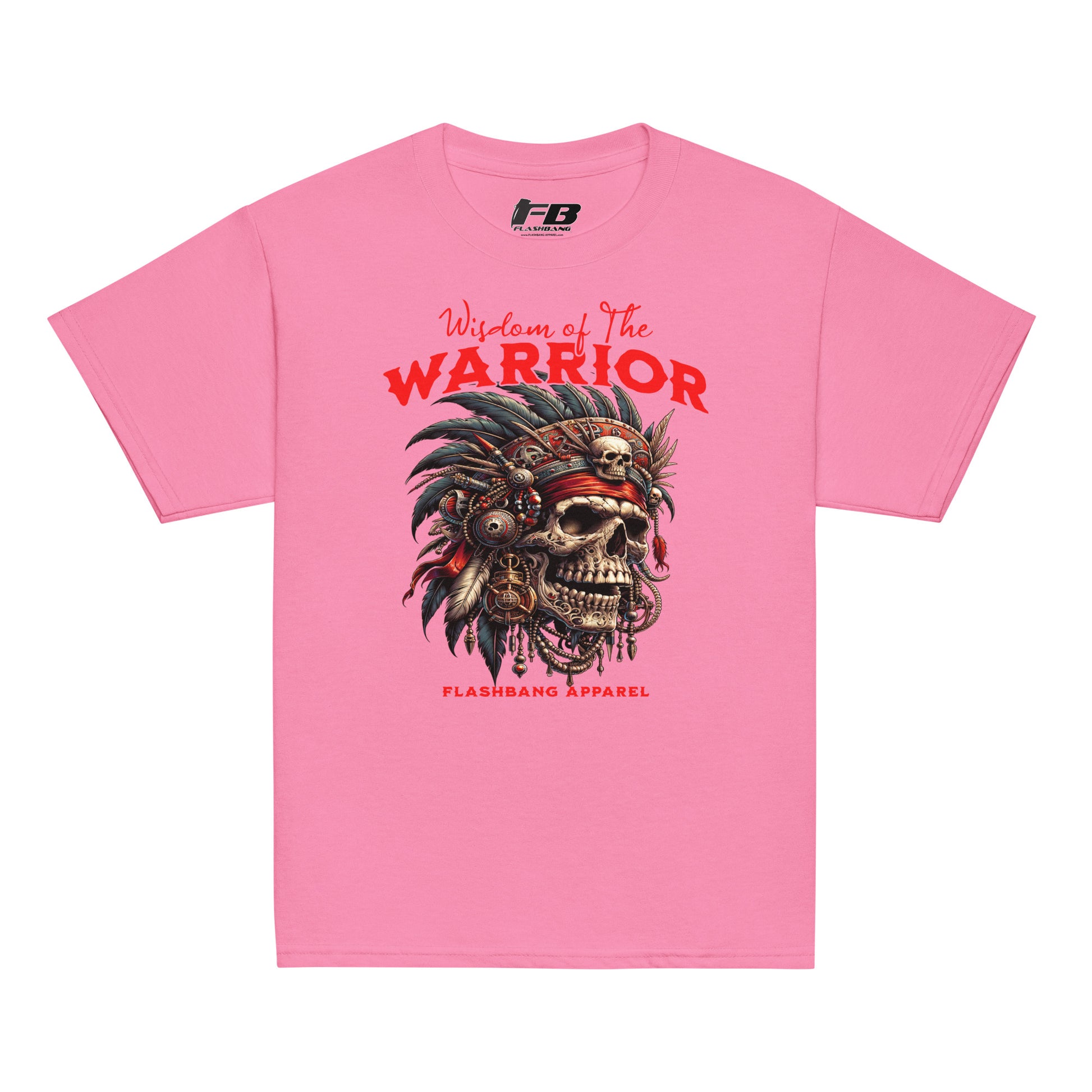 Pink t-shirt with warrior-themed design and 'Wisdom of the Warrior' text on a white background