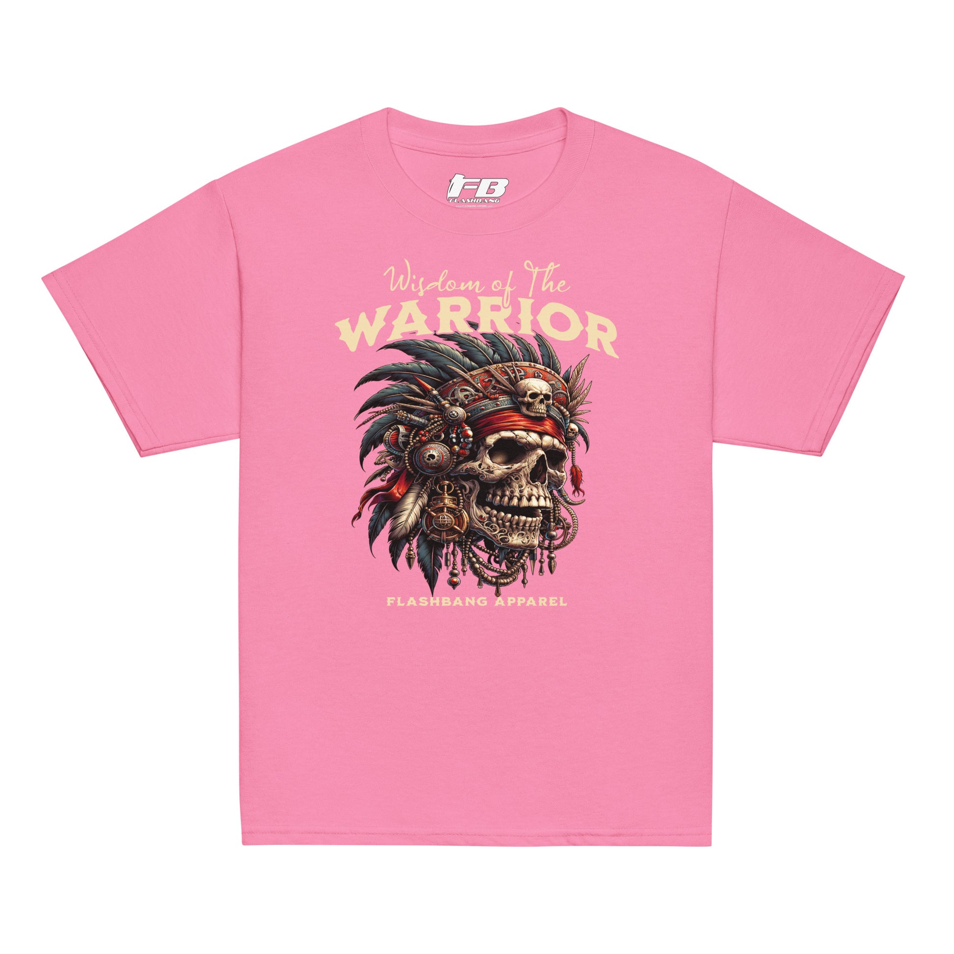Pink t-shirt with warrior skull design and 'Wisdom of the Warrior' text on a white background