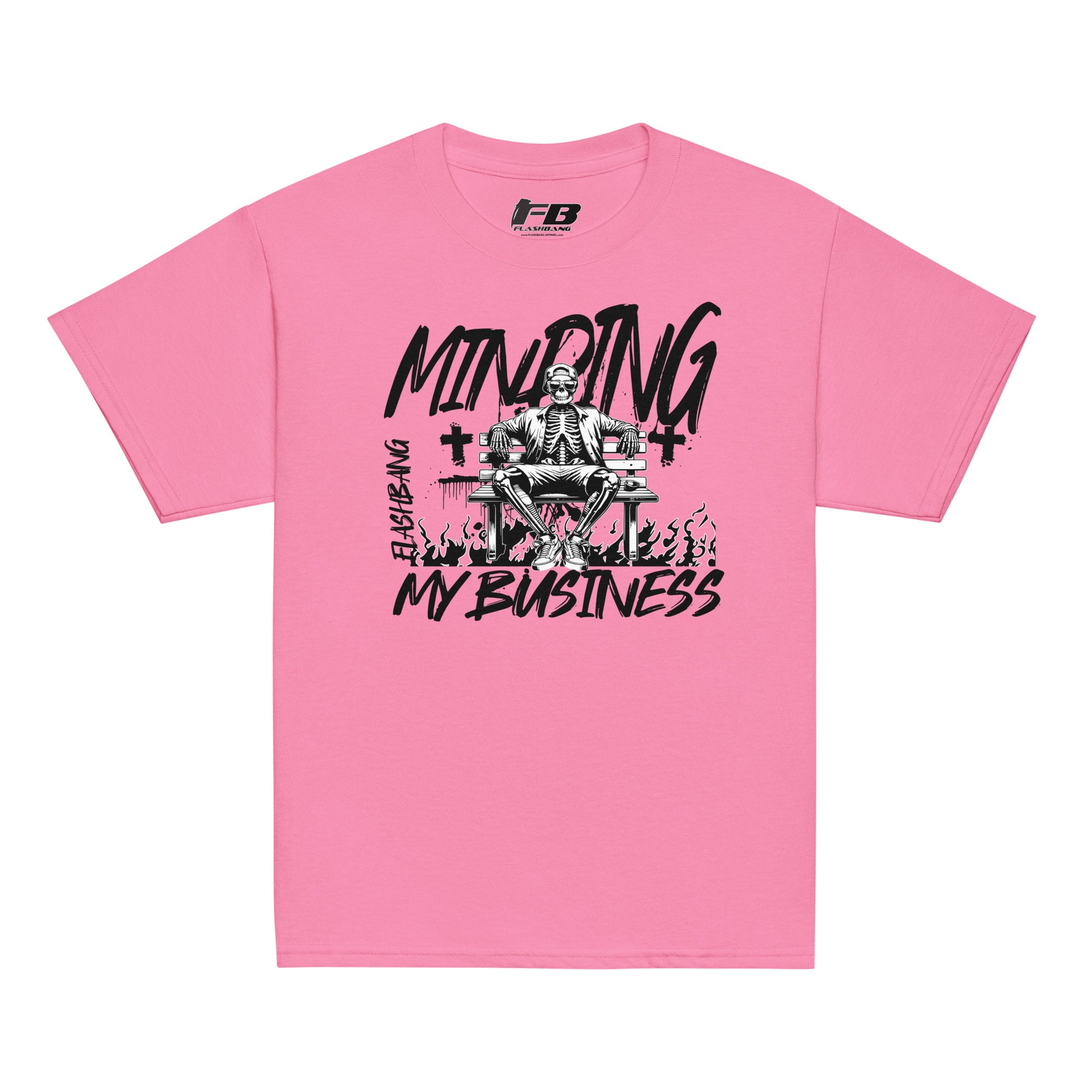 Pink t-shirt with black graphic and text on a white background