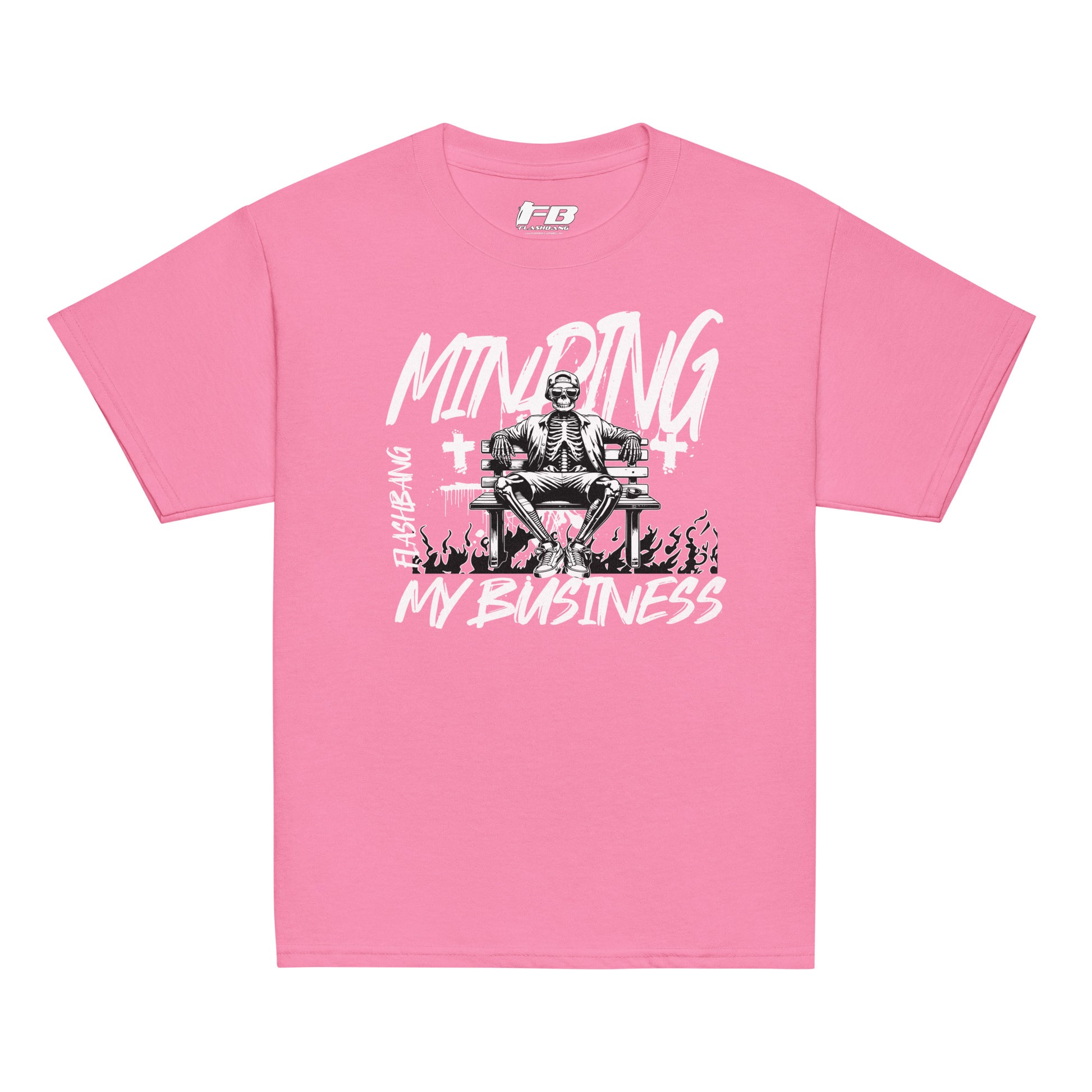 Pink t-shirt with a graphic design and text on a white background