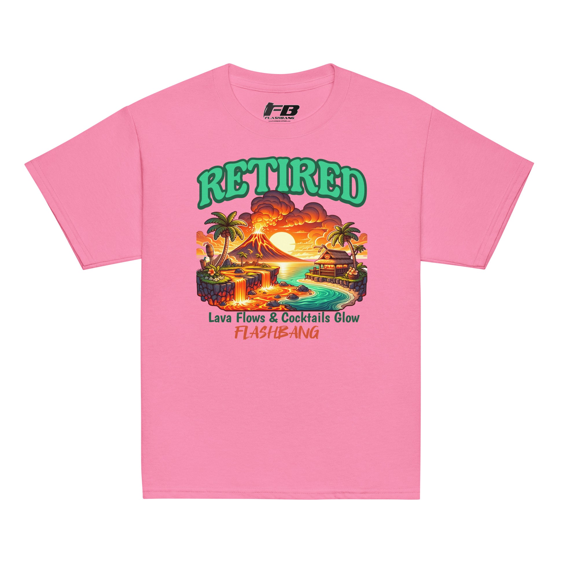 Pink t-shirt with a tropical design and 'Retired' text on a white background