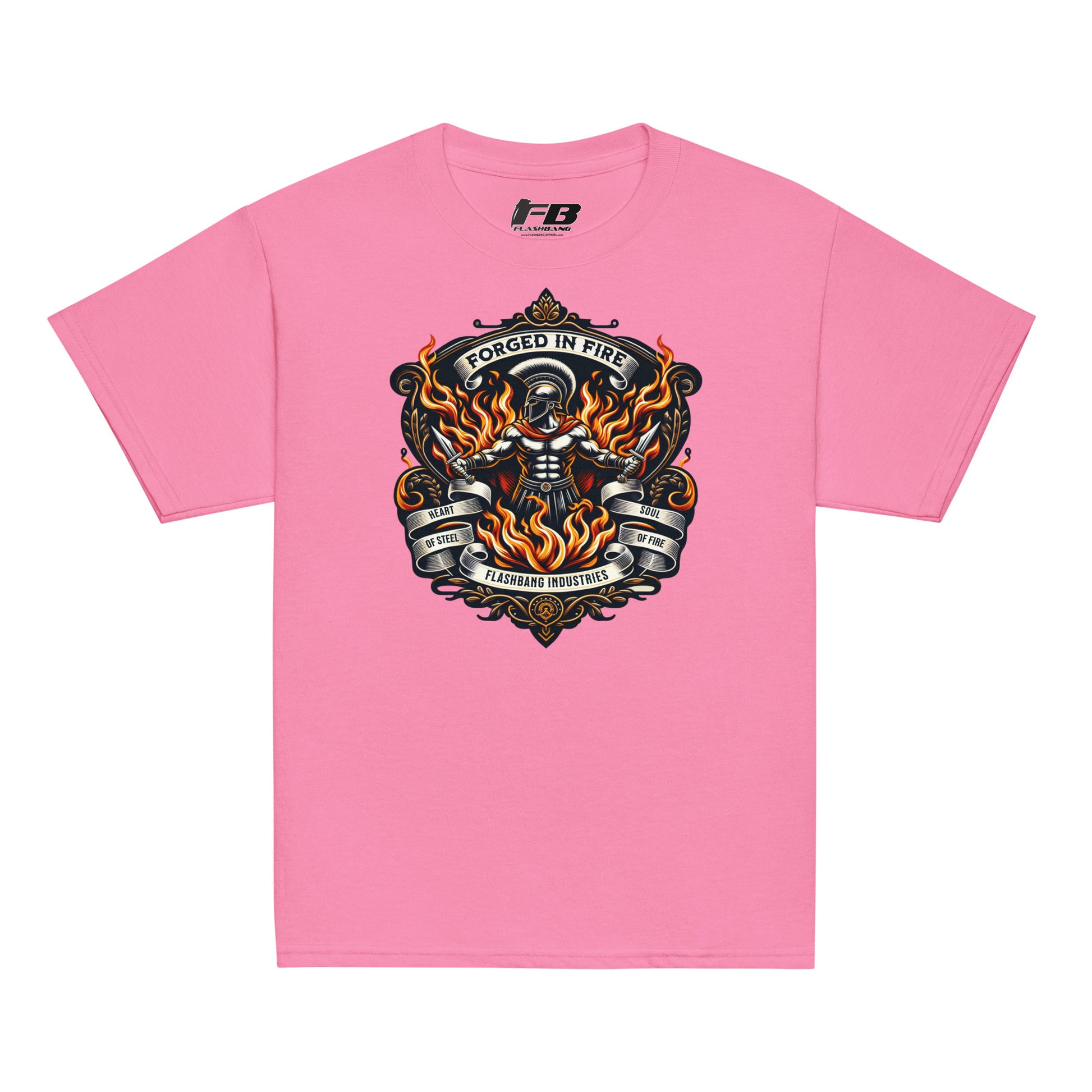 Pink t-shirt with a graphic design on a white background